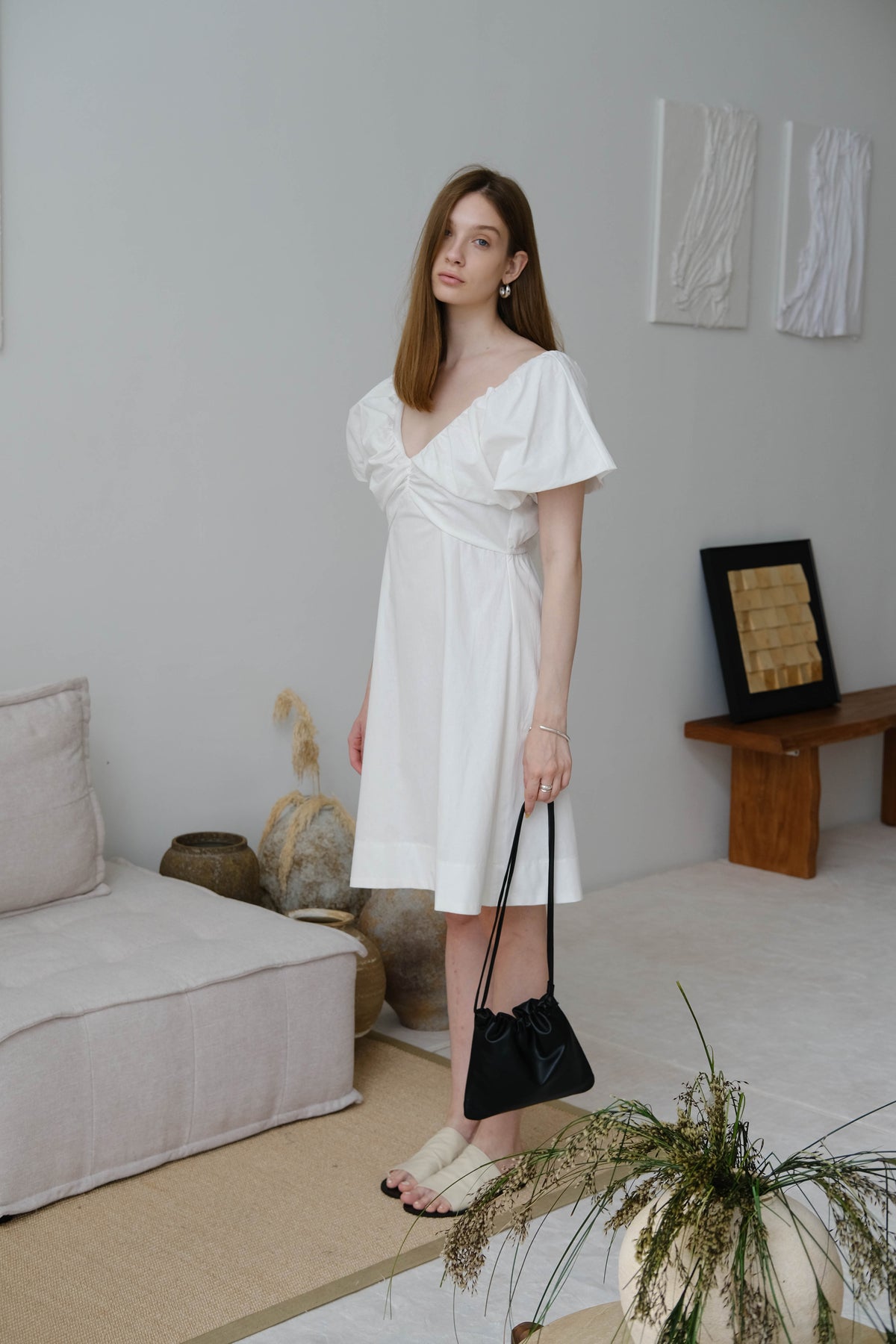 French Cotton Linen Puff Sleeve V-Neck Tie Dress In Cream White