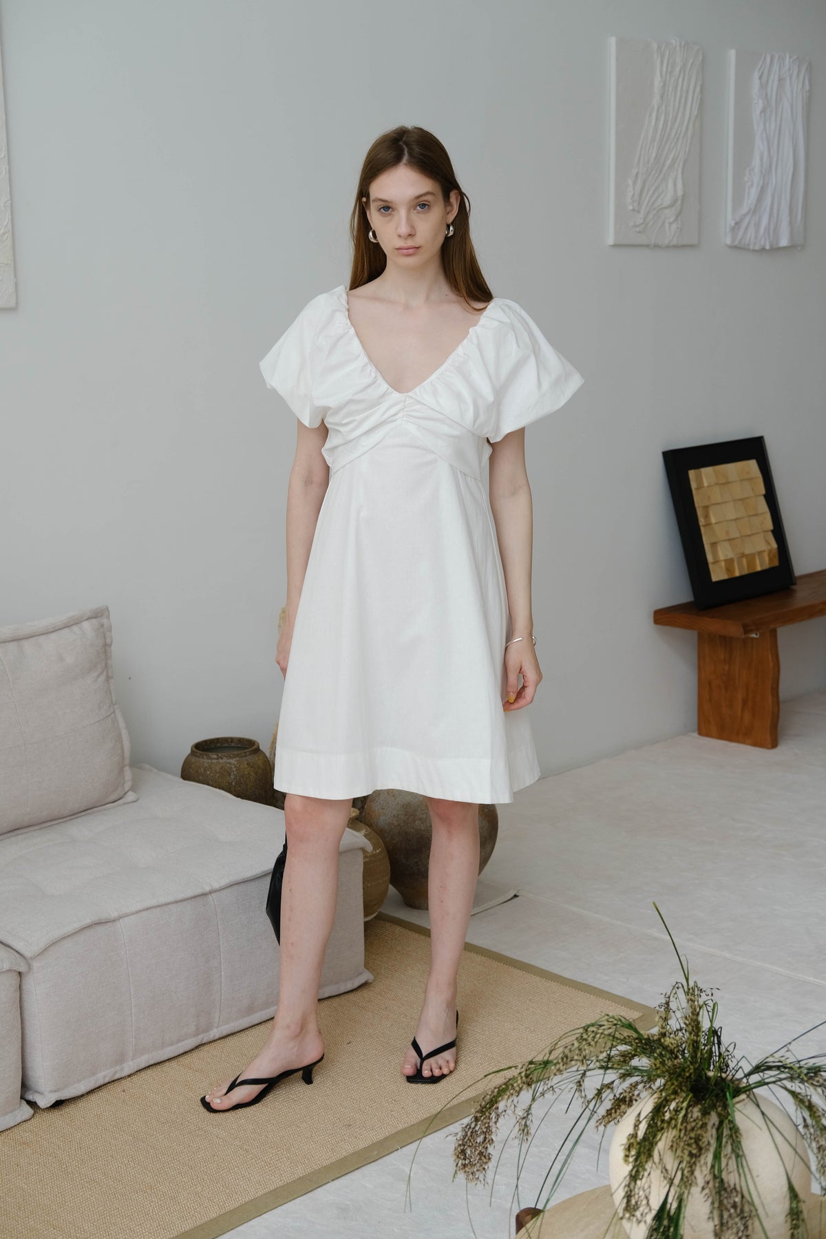 French Cotton Linen Puff Sleeve V-Neck Tie Dress In Cream White