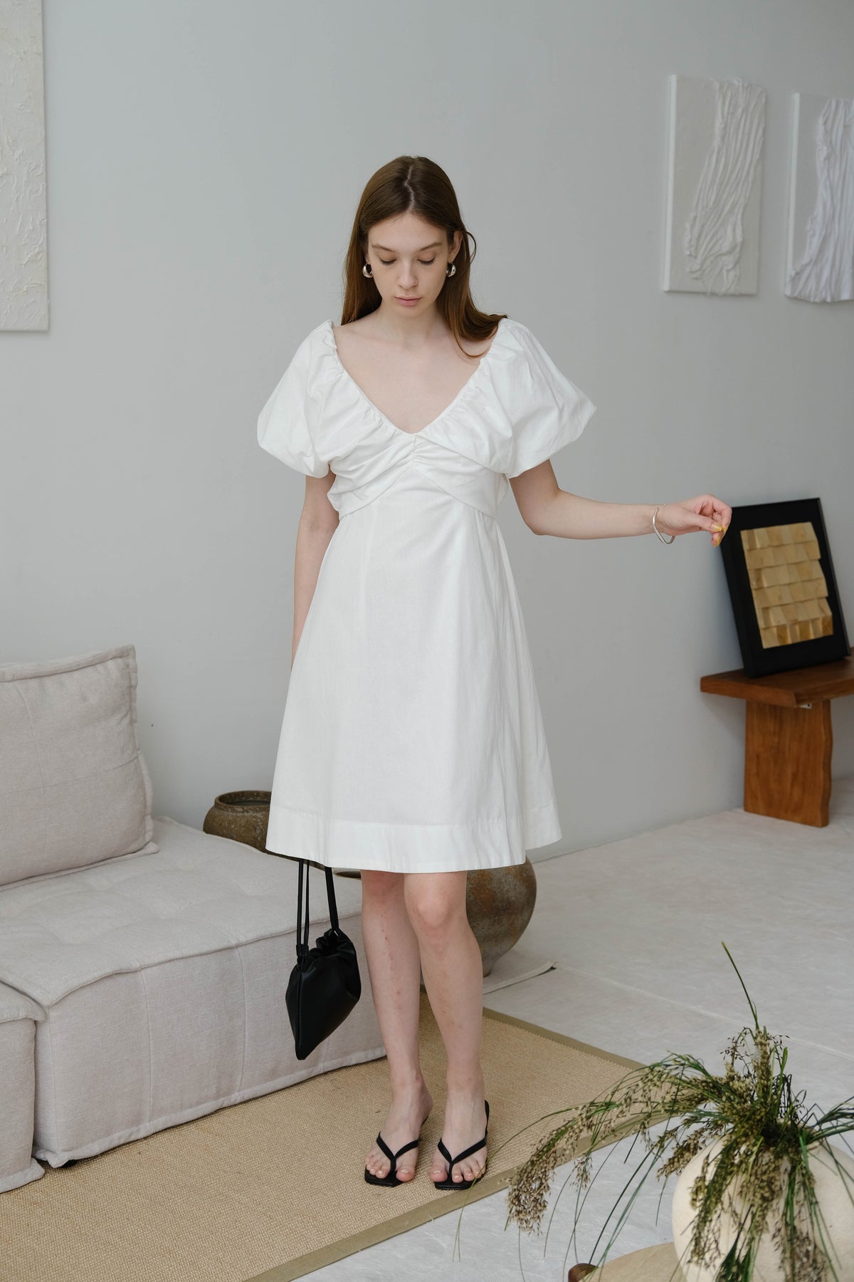 French Cotton Linen Puff Sleeve V-Neck Tie Dress In Cream White