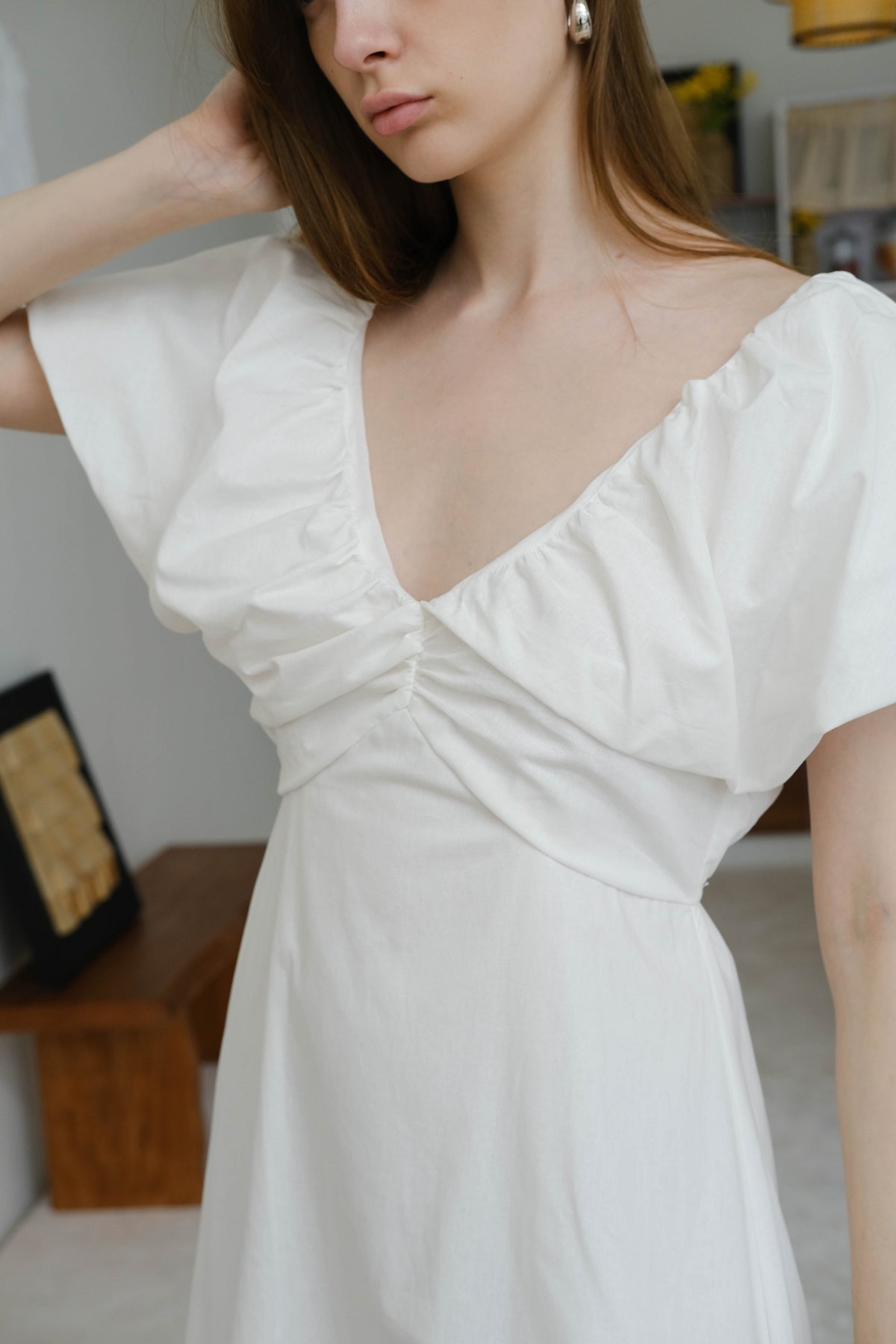 French Cotton Linen Puff Sleeve V-Neck Tie Dress In Cream White