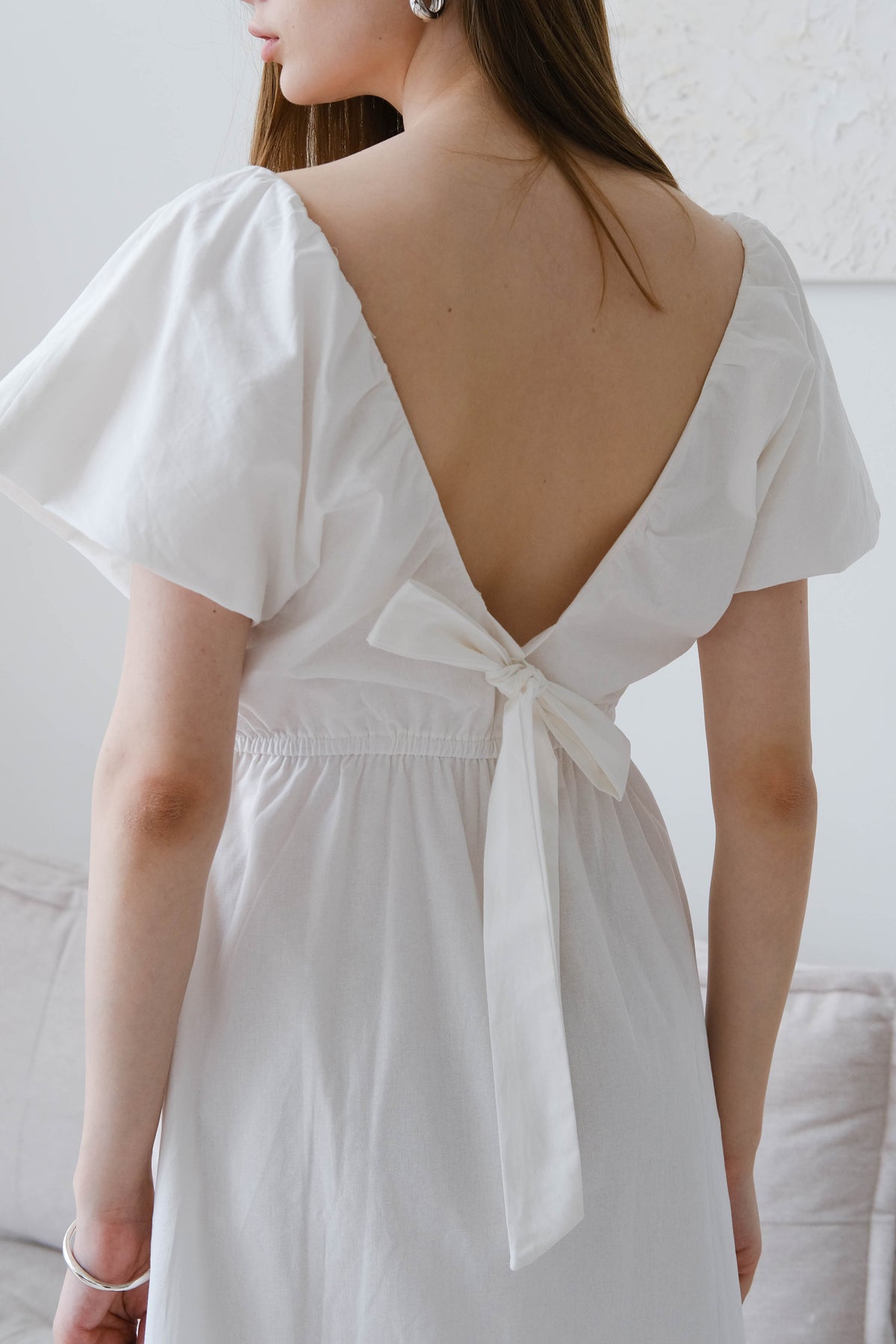 French Cotton Linen Puff Sleeve V-Neck Tie Dress In Cream White