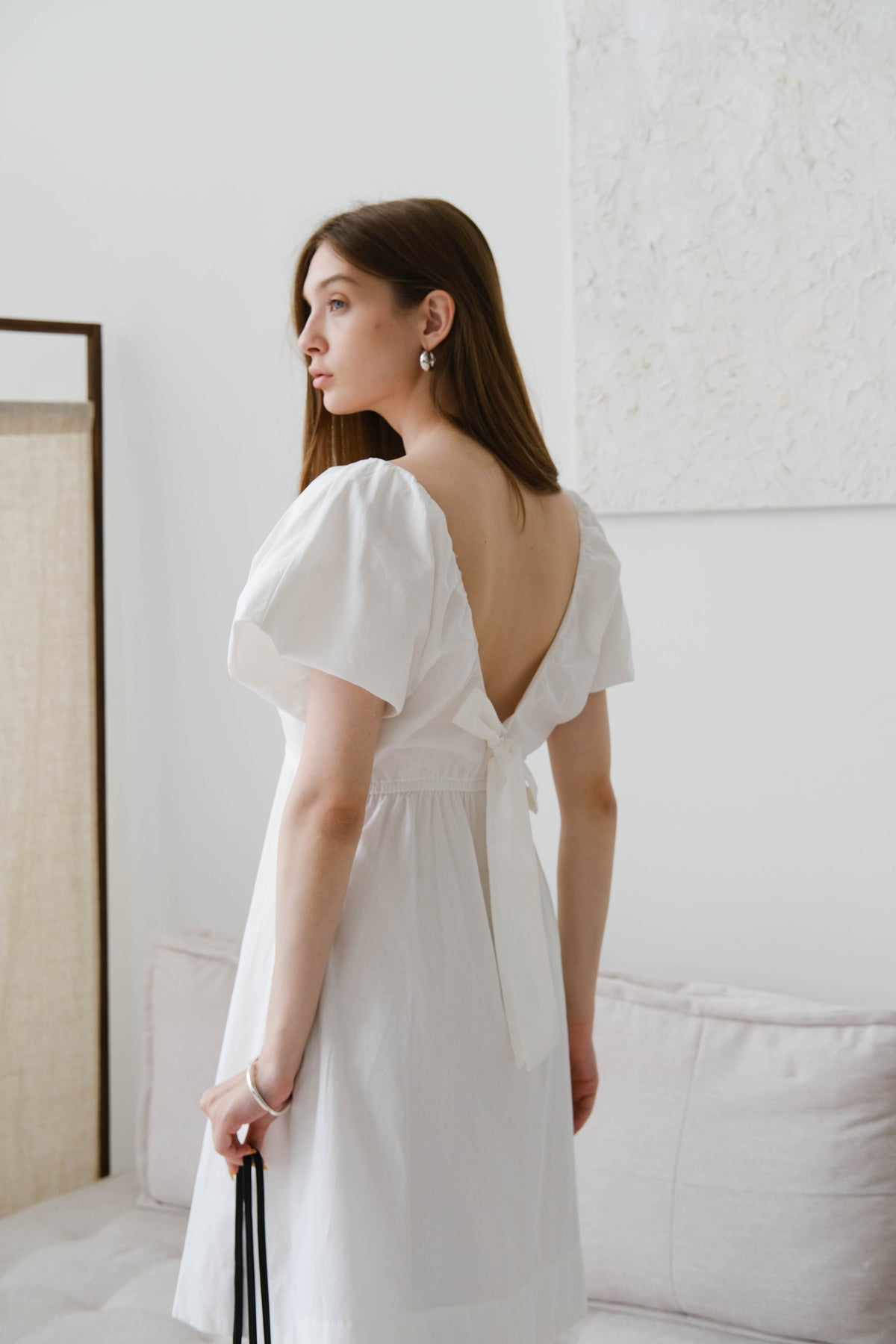 French Cotton Linen Puff Sleeve V-Neck Tie Dress In Cream White