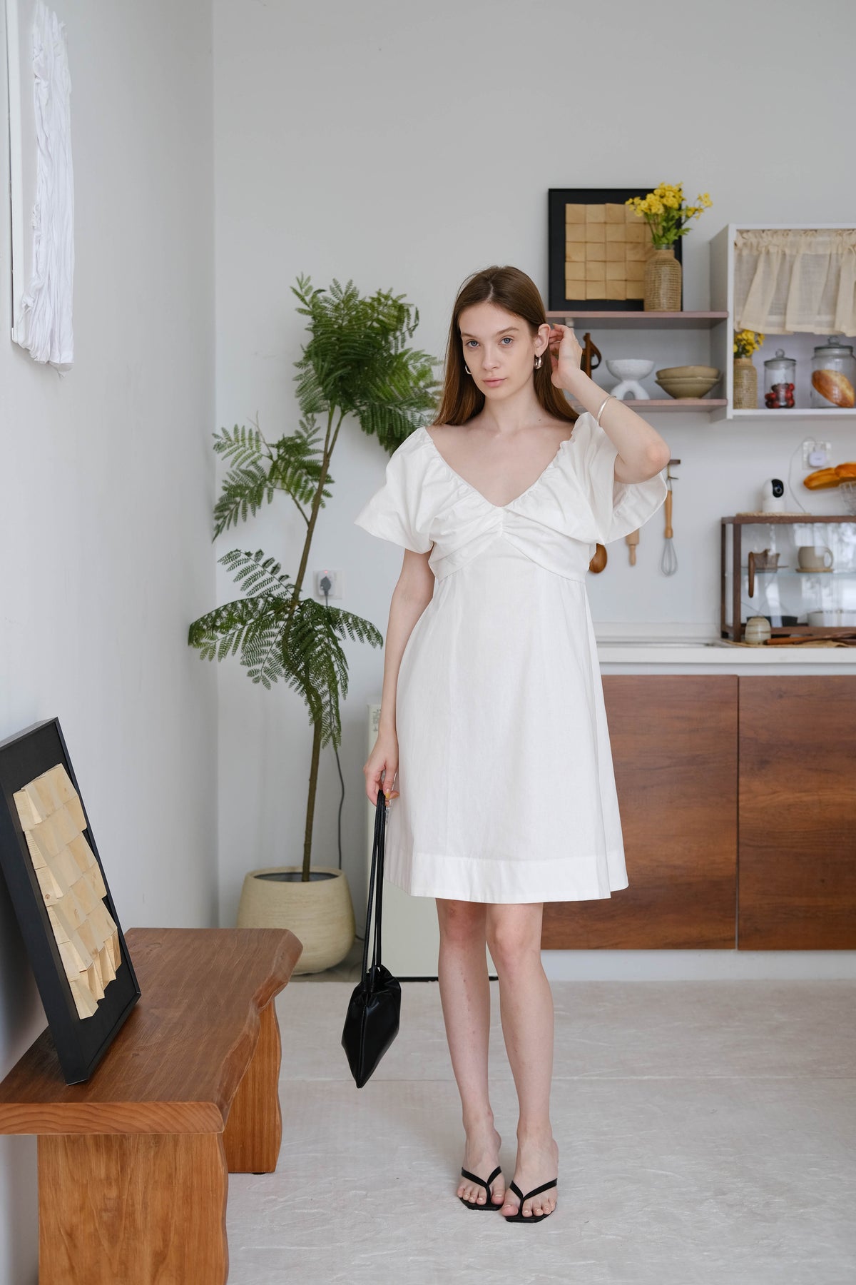 French Cotton Linen Puff Sleeve V-Neck Tie Dress In Cream White