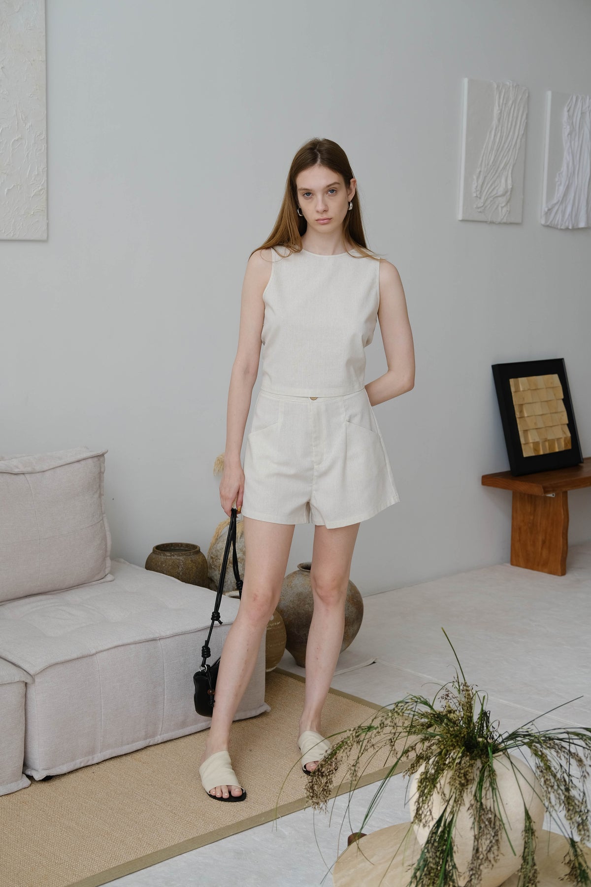French Cotton Linen Sleeveless Backless Tank Top