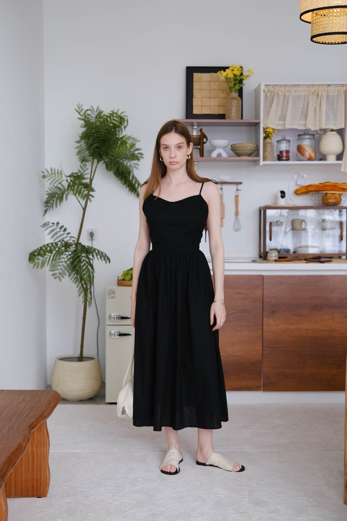 French Cotton and Linen High Waist Dress in Classic Black