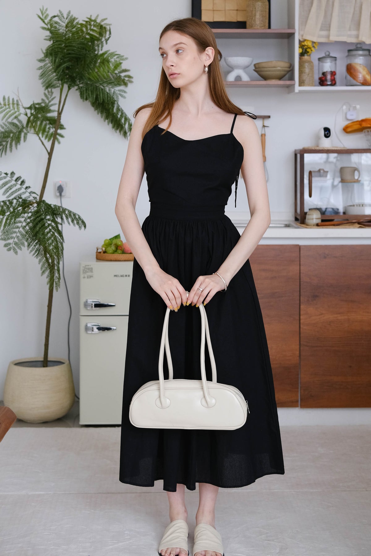 French Cotton and Linen High Waist Dress in Classic Black