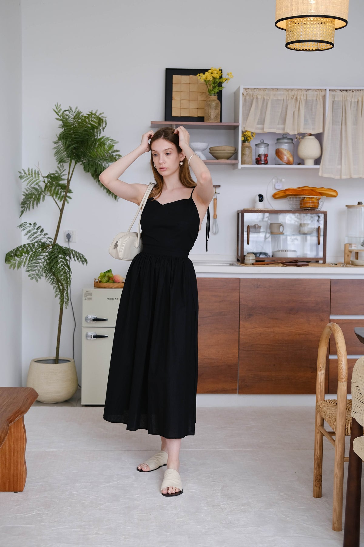French Cotton and Linen High Waist Dress in Classic Black