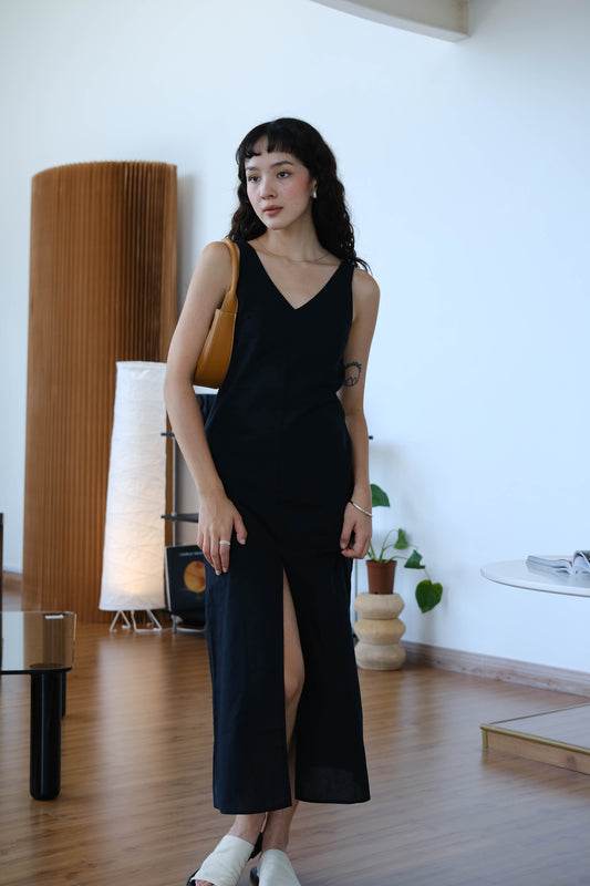 V-neck open back sleeveless dress in classic black