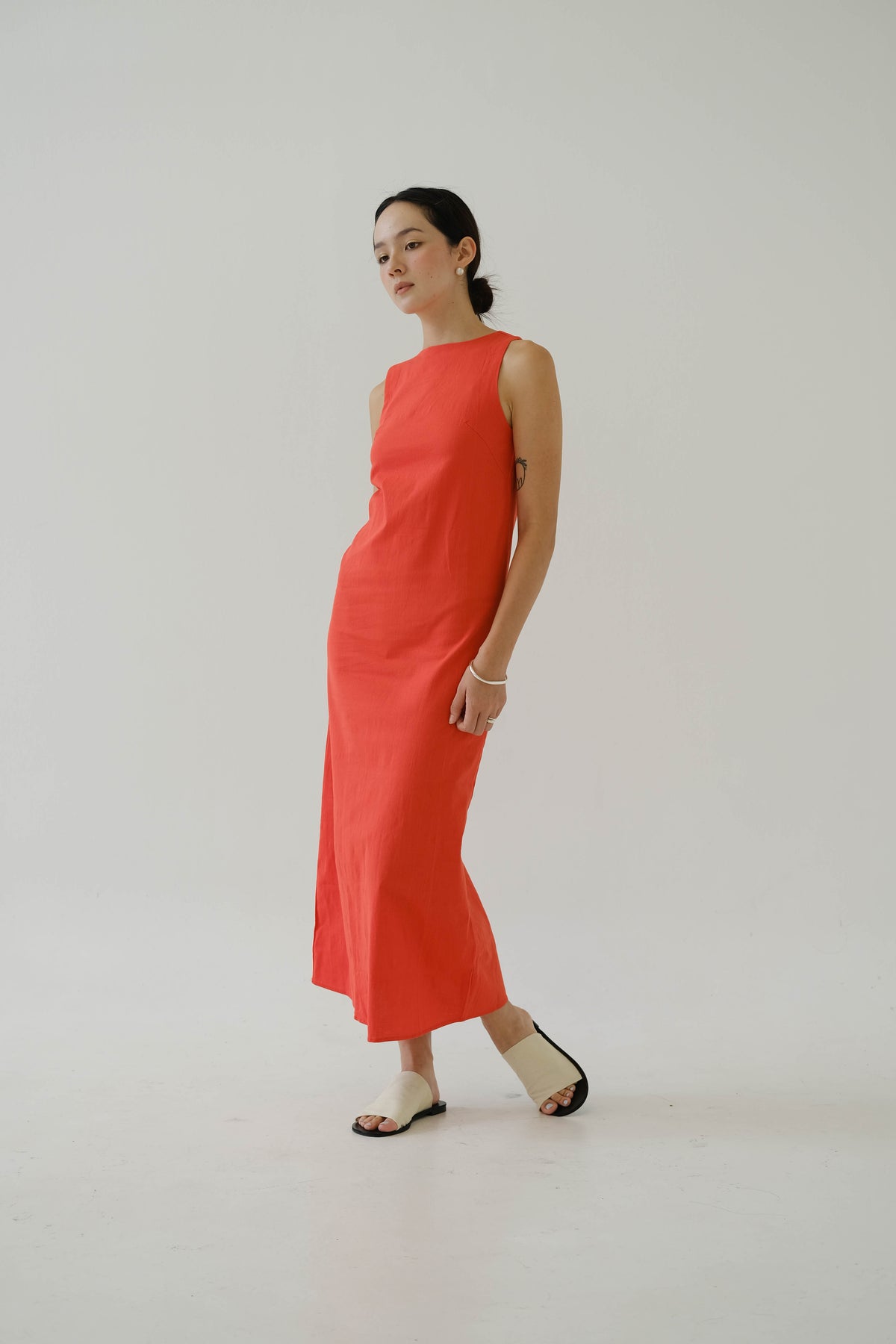 French Cotton Linen Tank Dress In Orange