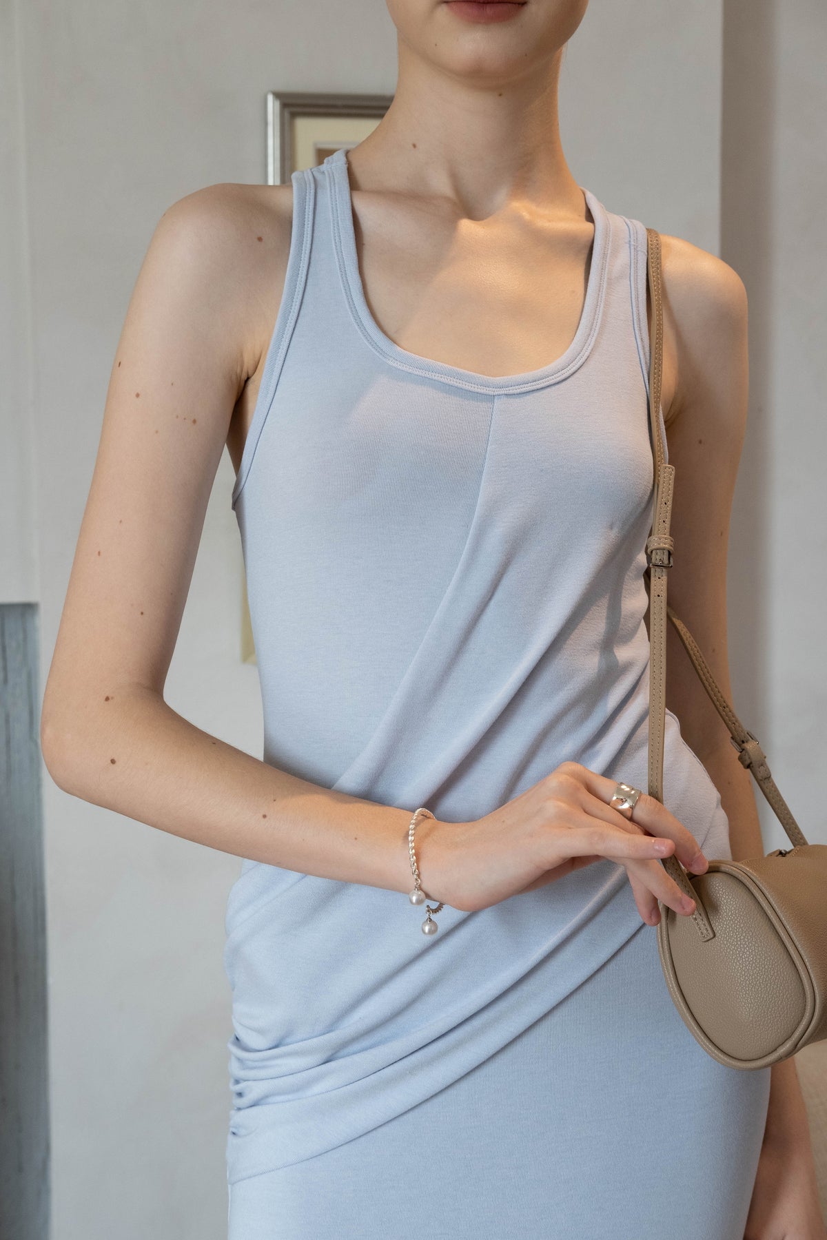 Elegant U-Neck Ruched Waist Maxi Dress - Baby Blue