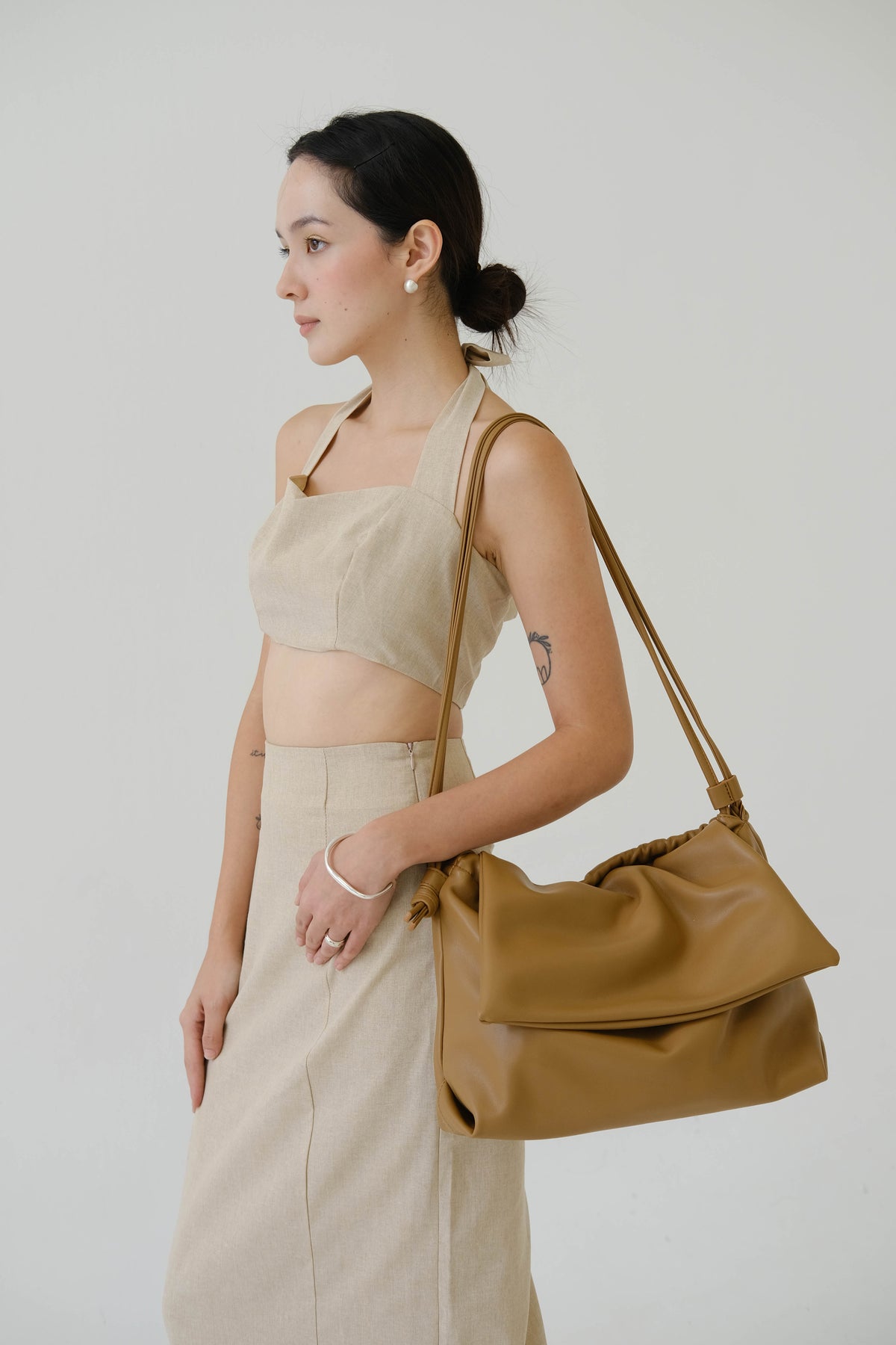Khaki Tie Neck Back Tops