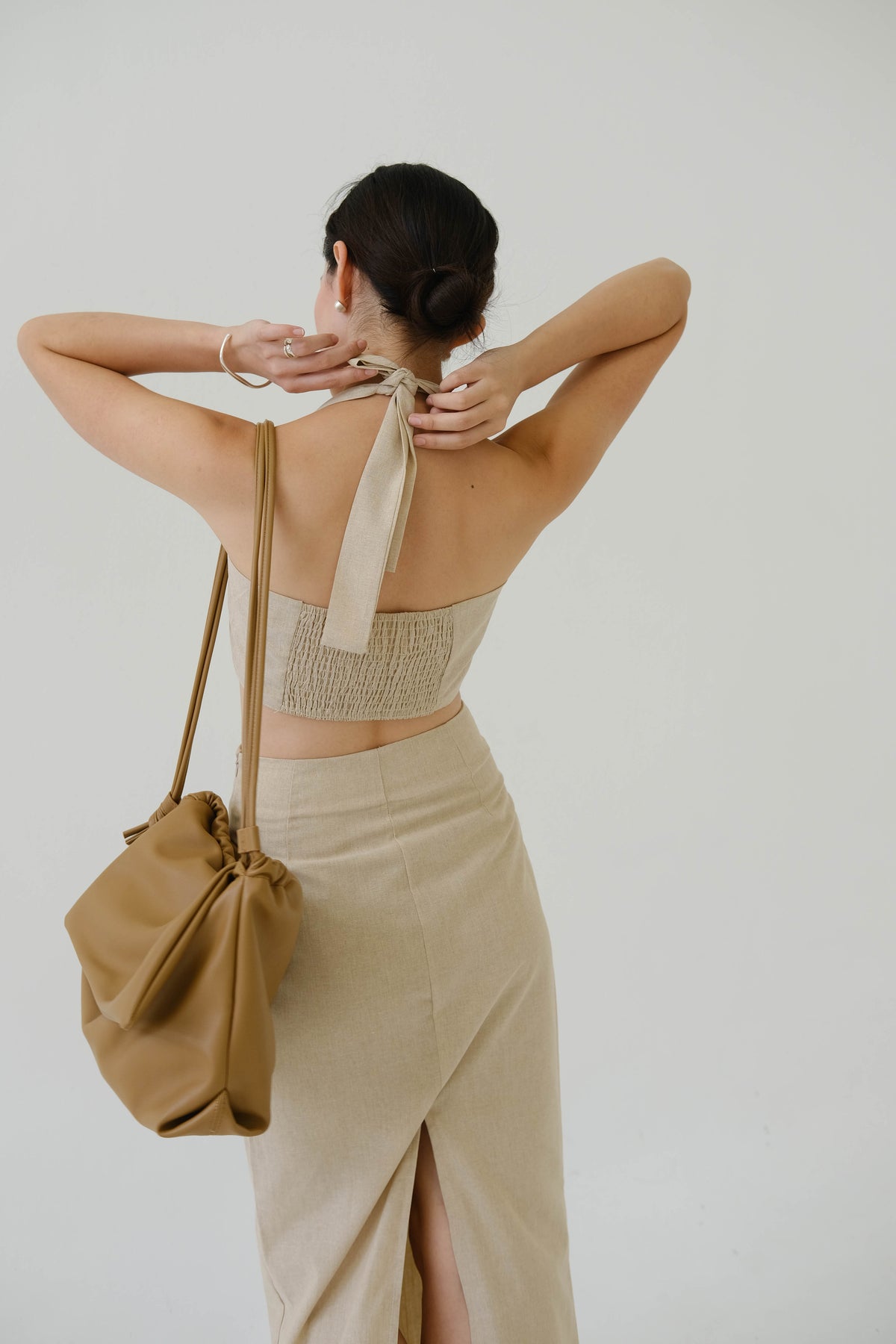 Khaki Tie Neck Back Tops