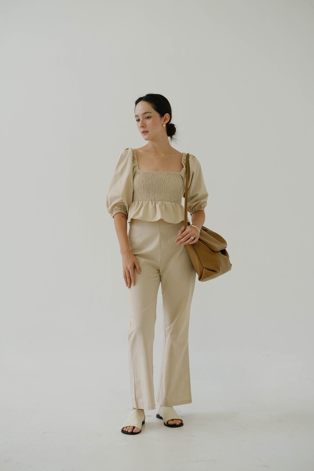 French Linen Wide Leg Pants In Almond White
