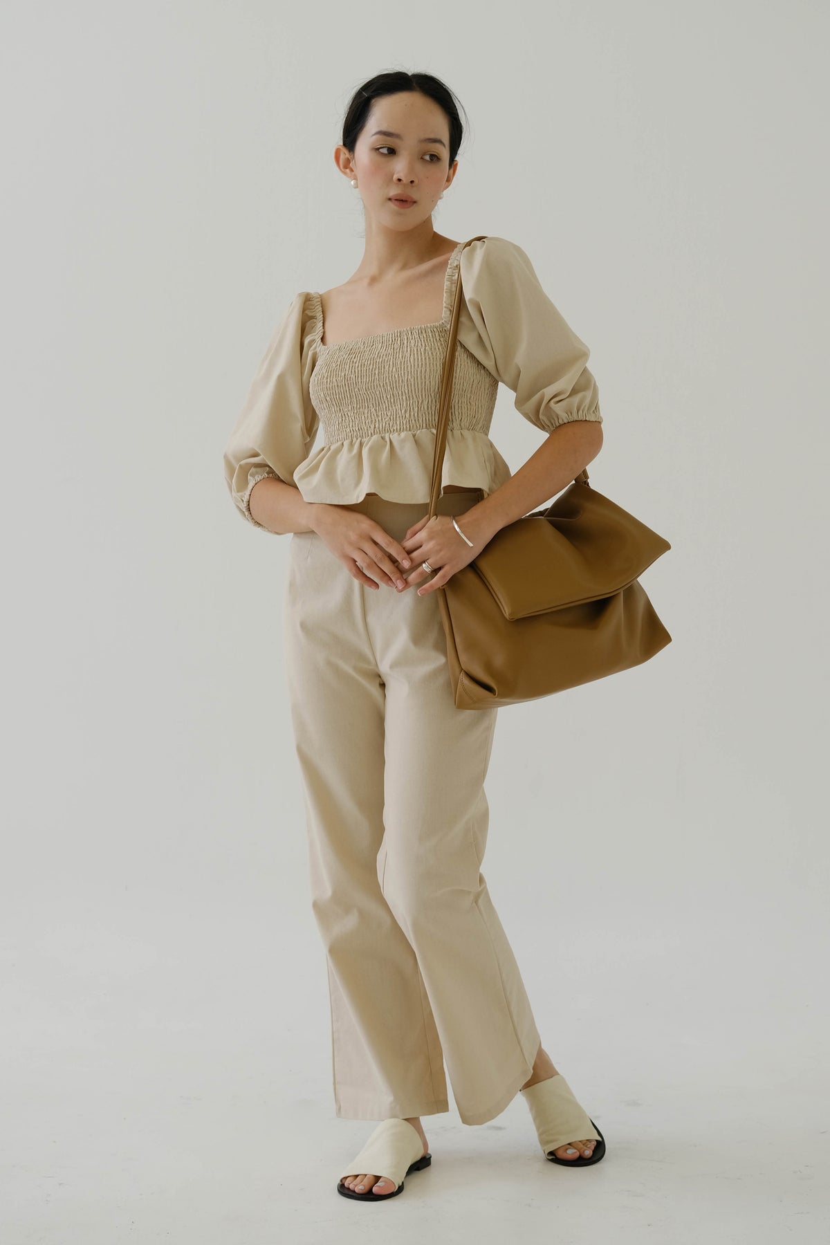 French Linen Wide Leg Pants In Almond White