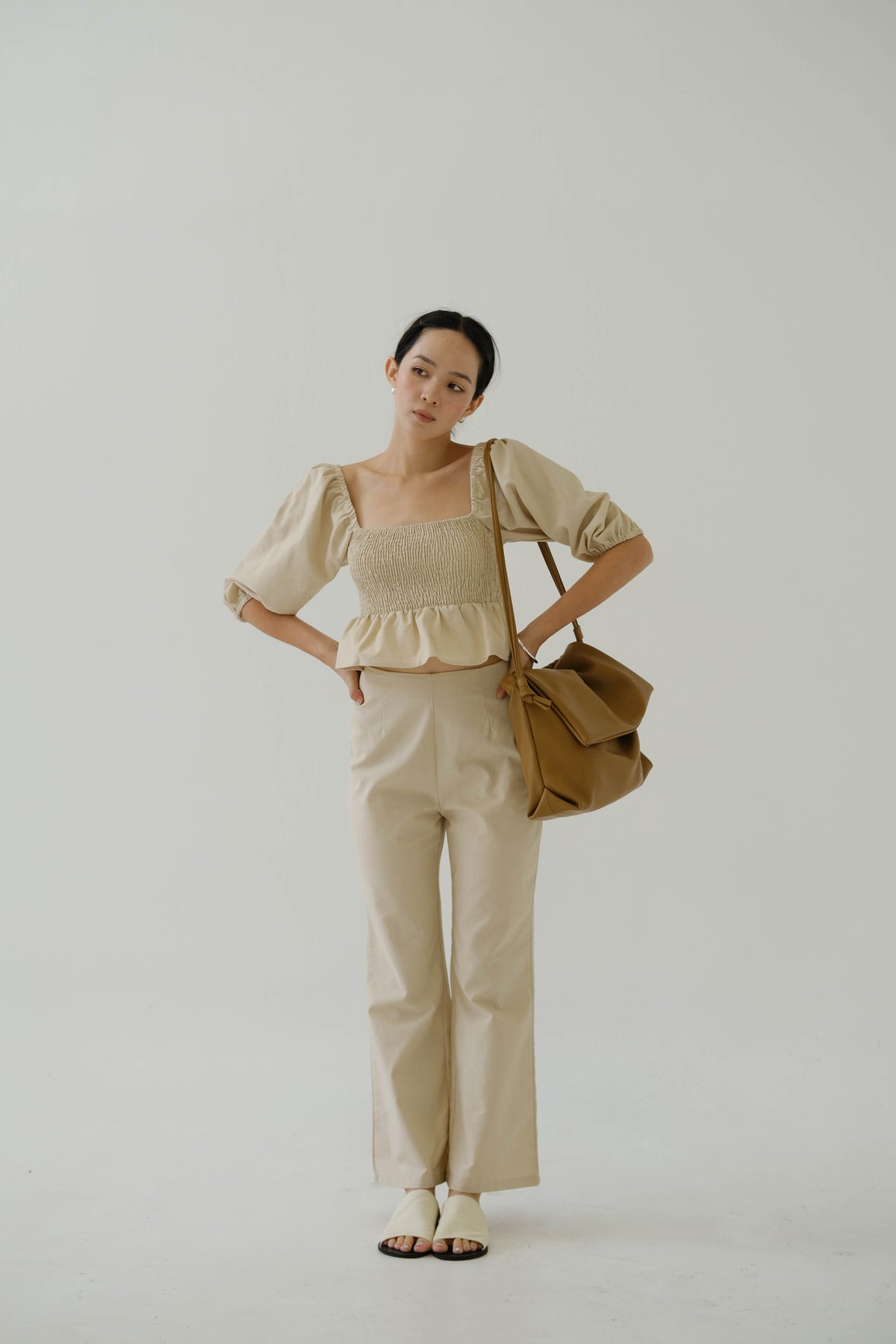 French Linen Wide Leg Pants In Almond White