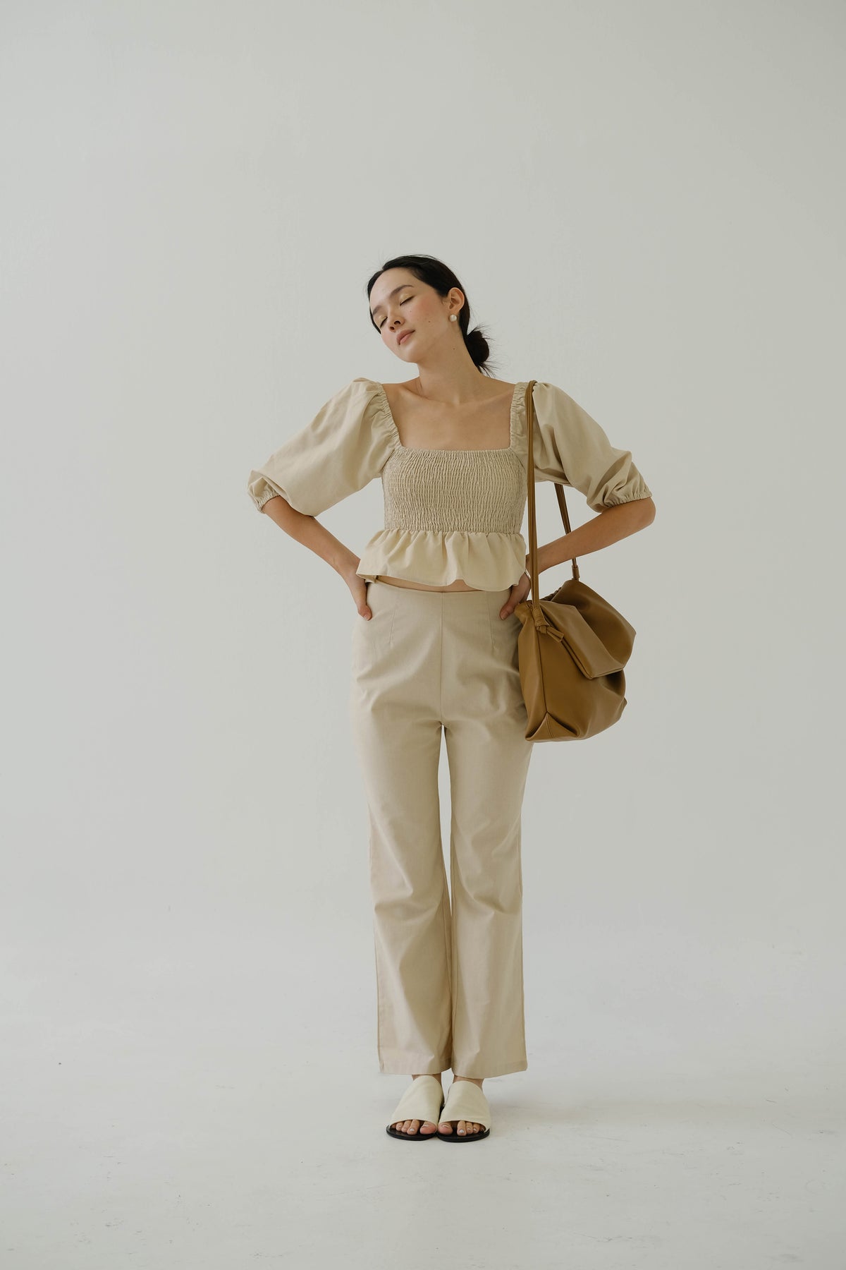 French Linen Wide Leg Pants In Almond White