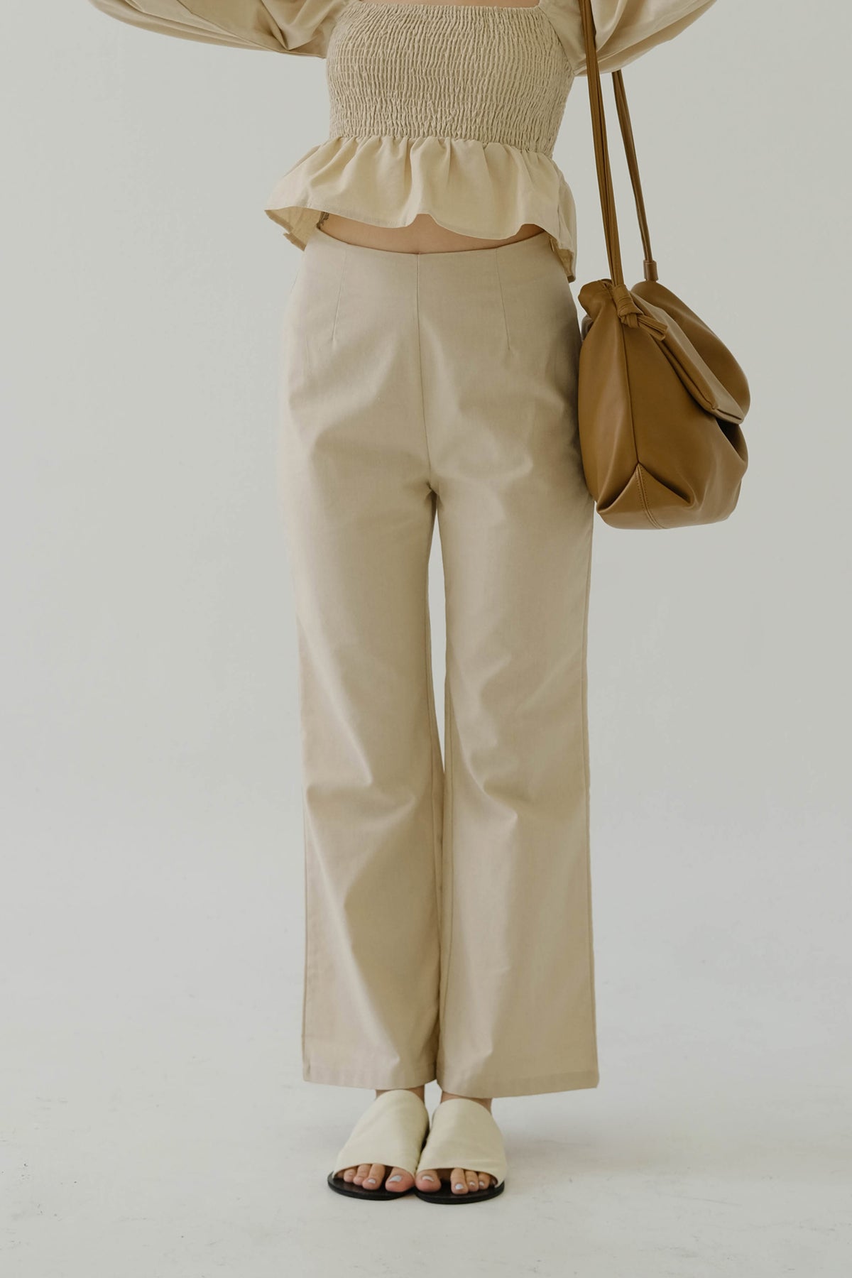 French Linen Wide Leg Pants In Almond White