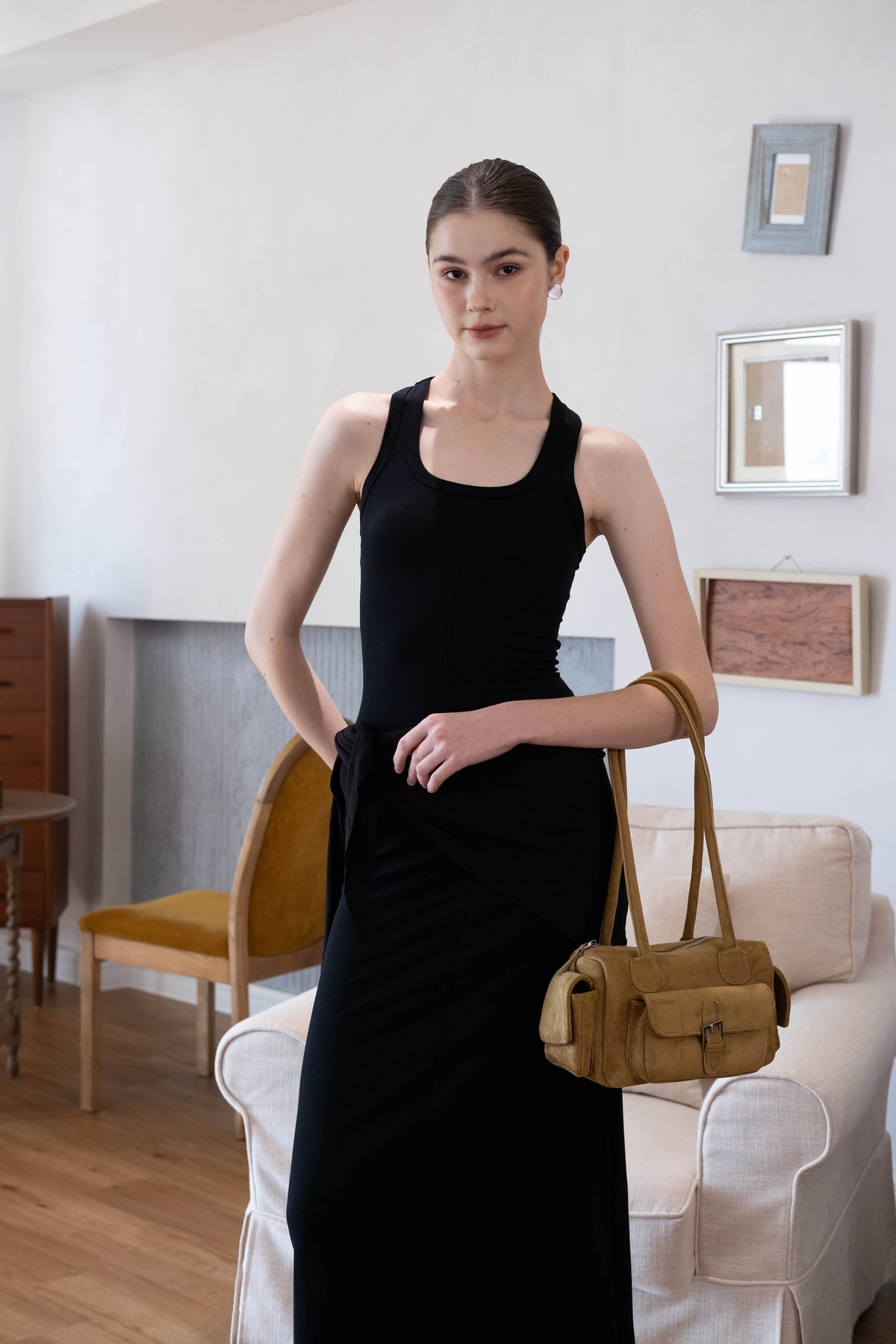 Waist-Snatch U-Neck Maxi Dress - Black