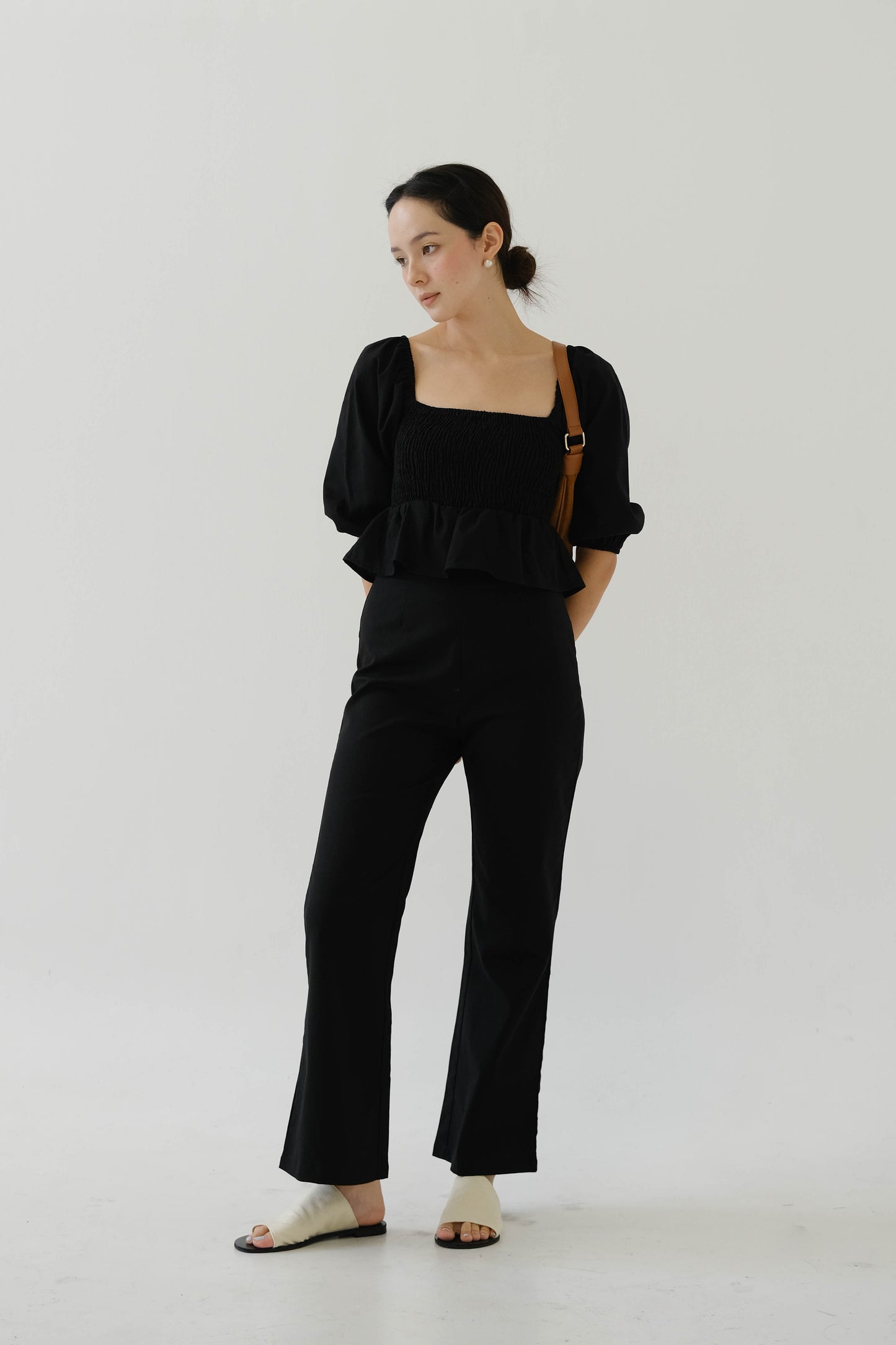 Square Neck Puff Sleeve Top + Wide Leg Pants in classic black