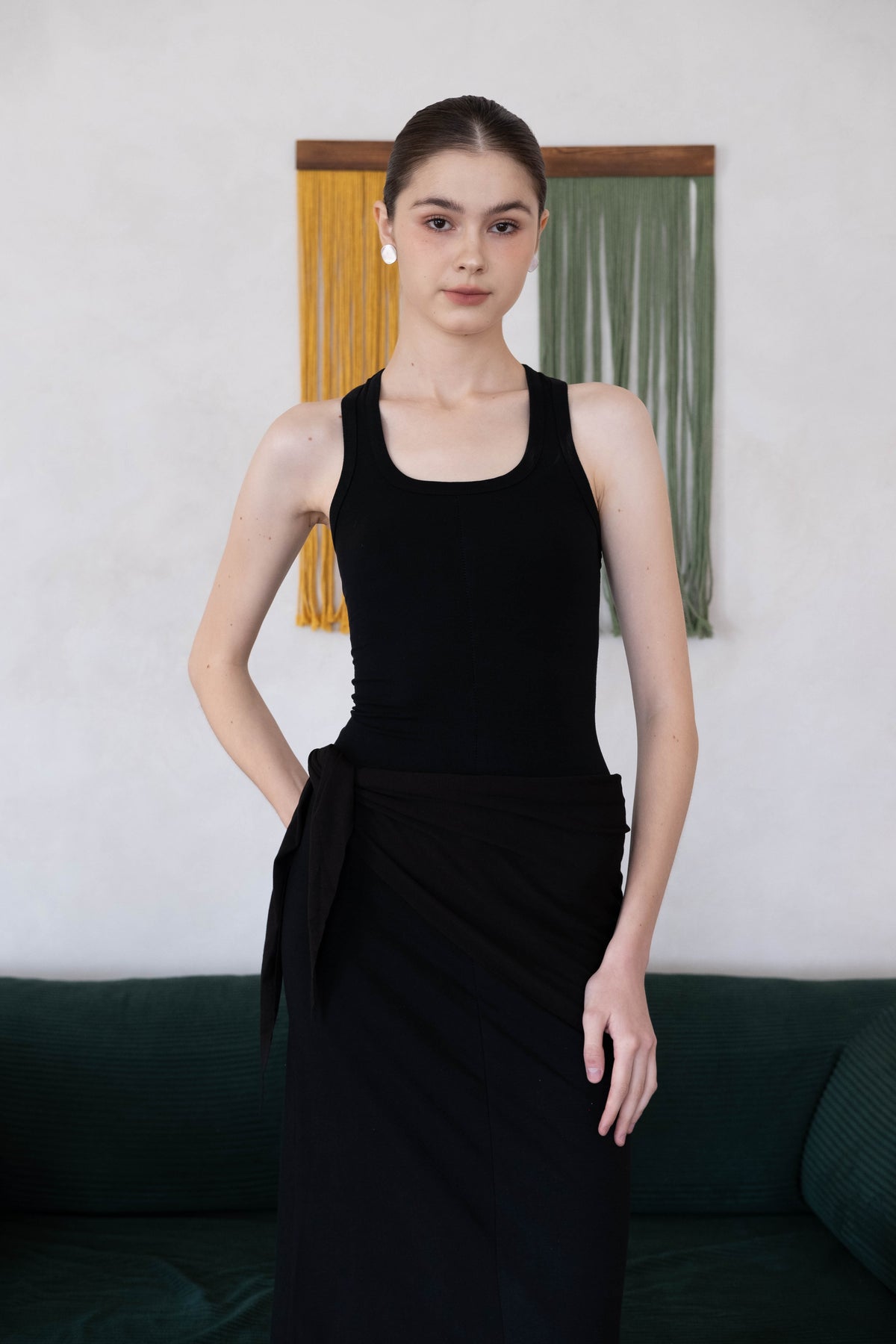 Waist-Snatch U-Neck Maxi Dress - Black