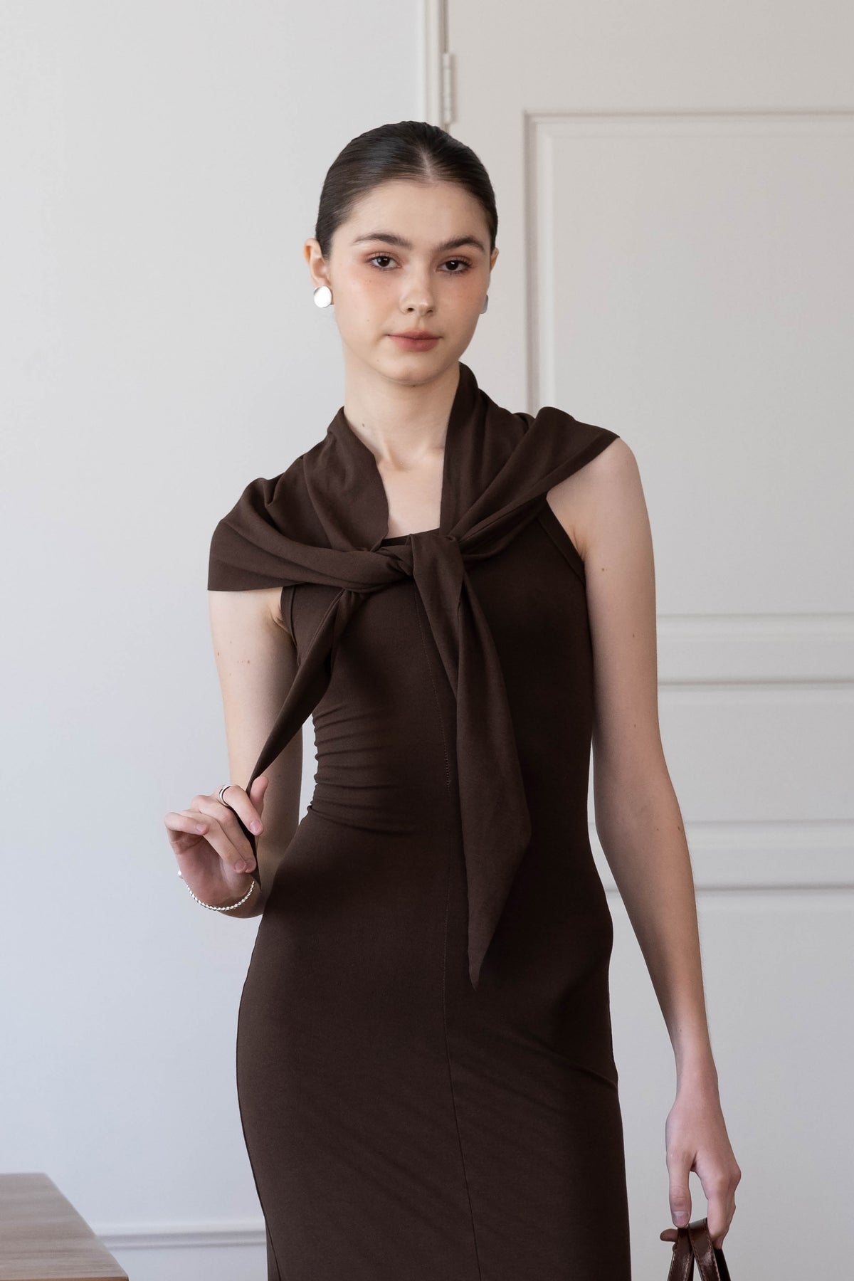Waist-Snatch U-Neck Maxi Dress - Coffee