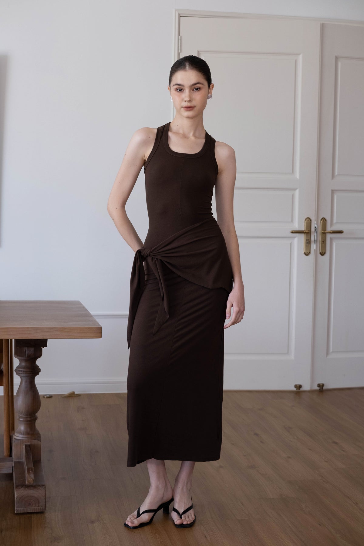 Waist-Snatch U-Neck Maxi Dress - Coffee