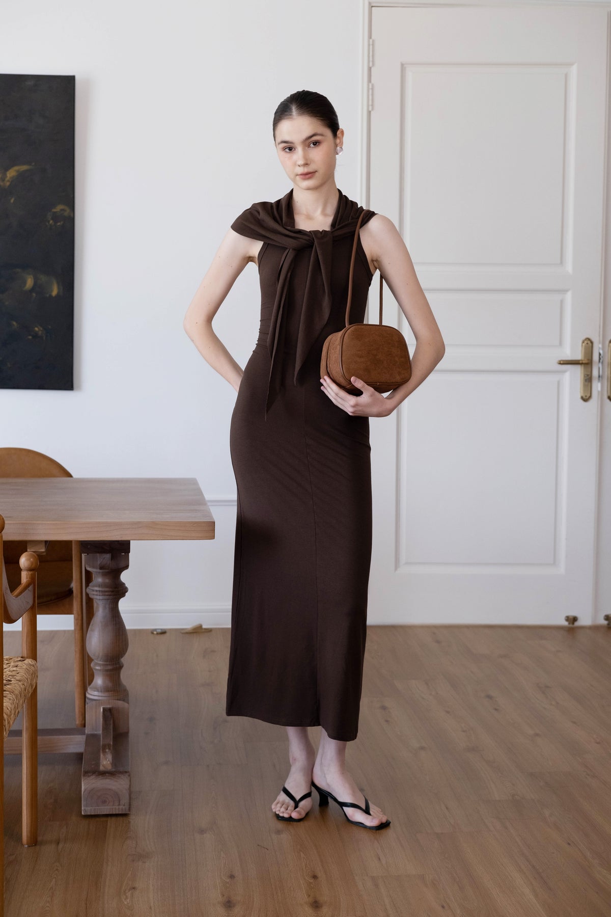 Waist-Snatch U-Neck Maxi Dress - Coffee