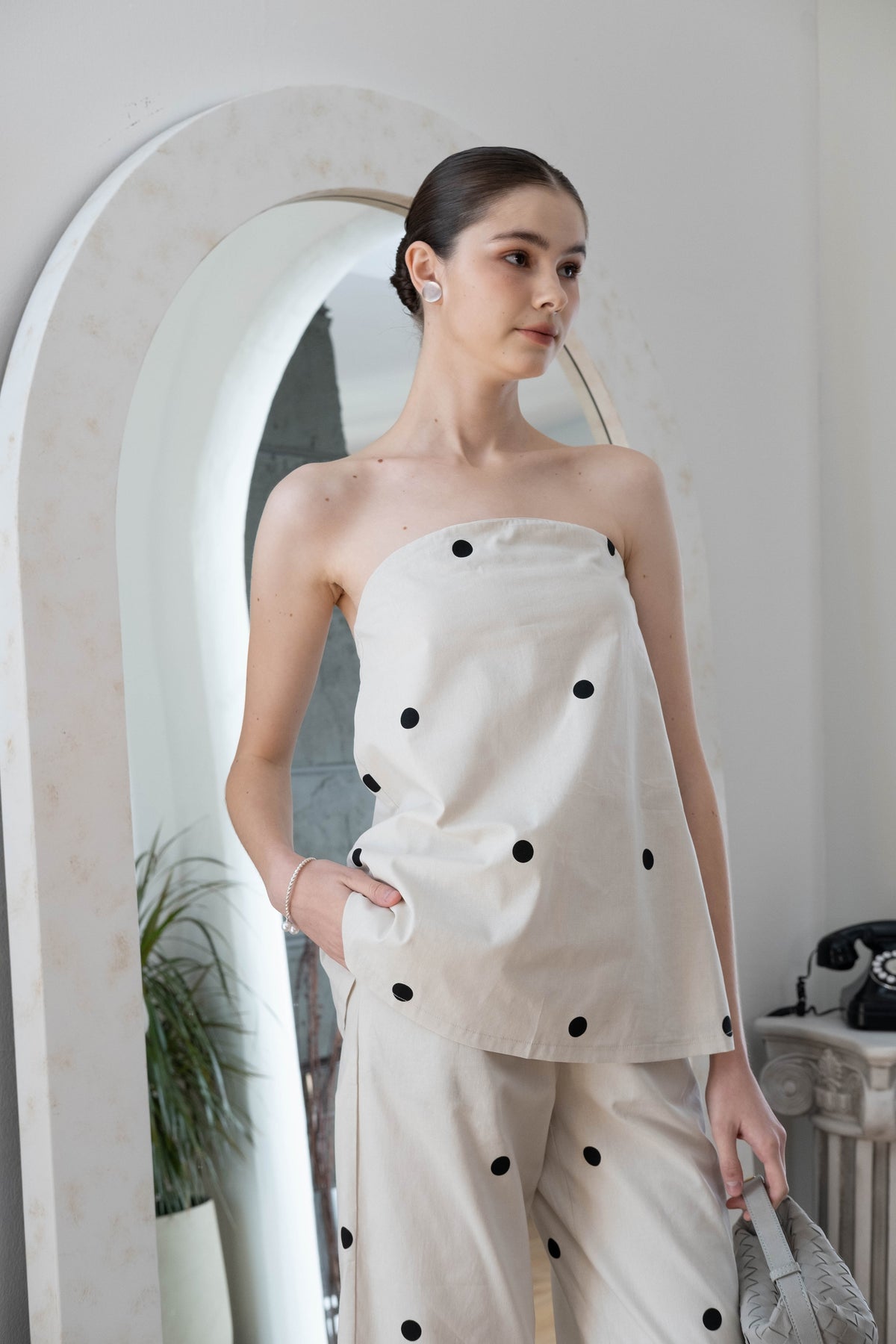 Polka Dot Off-Shoulder Bandeau Top & Wide-Leg Pants Set