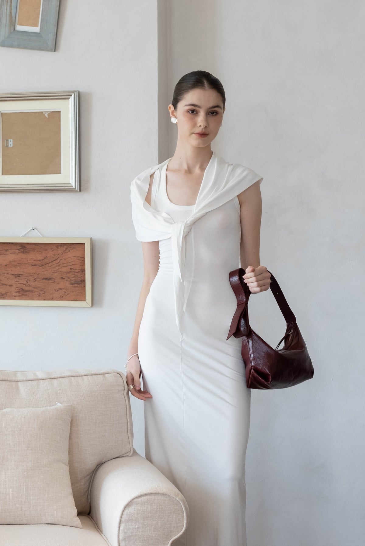 Waist-Snatch U-Neck Maxi Dress - White