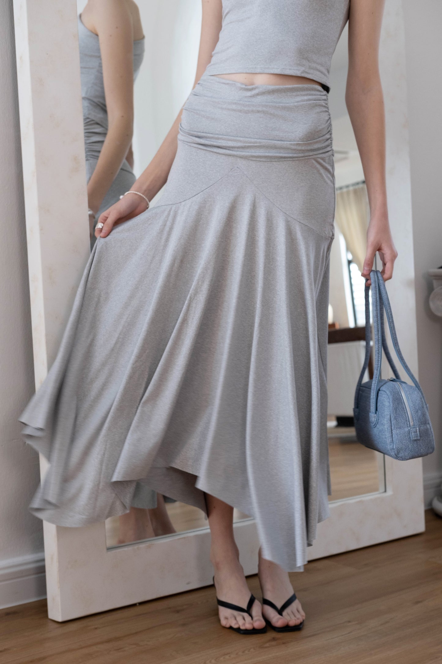 Soft Curve One-Shoulder Crop & Skirt Set - Grey