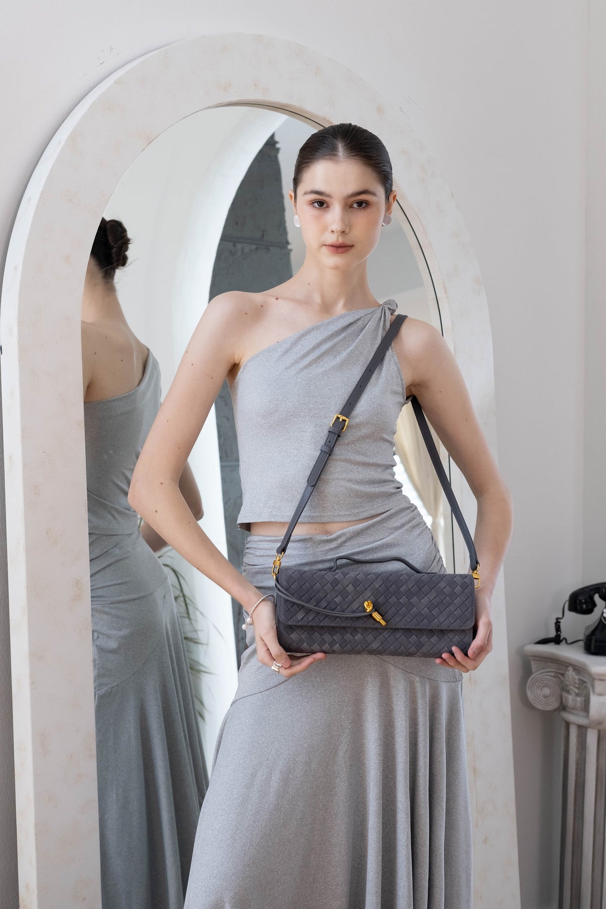 Soft Curve One-Shoulder Crop & Skirt Set - Grey