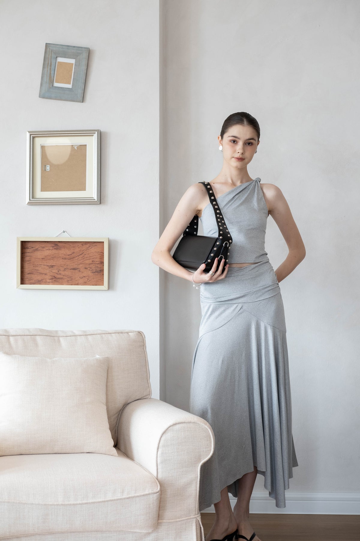 Soft Curve One-Shoulder Crop & Skirt Set - Grey