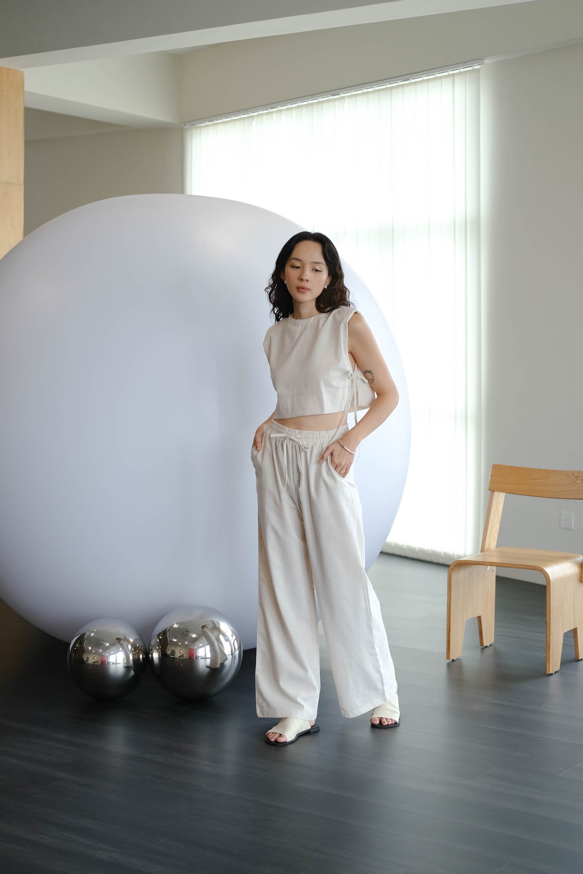 French Shoulder-padded Sleeveless Cotton + Linen Pants in Cream White Suit