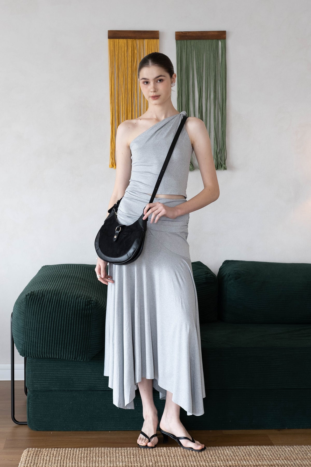 Soft Curve One-Shoulder Crop & Skirt Set - Grey
