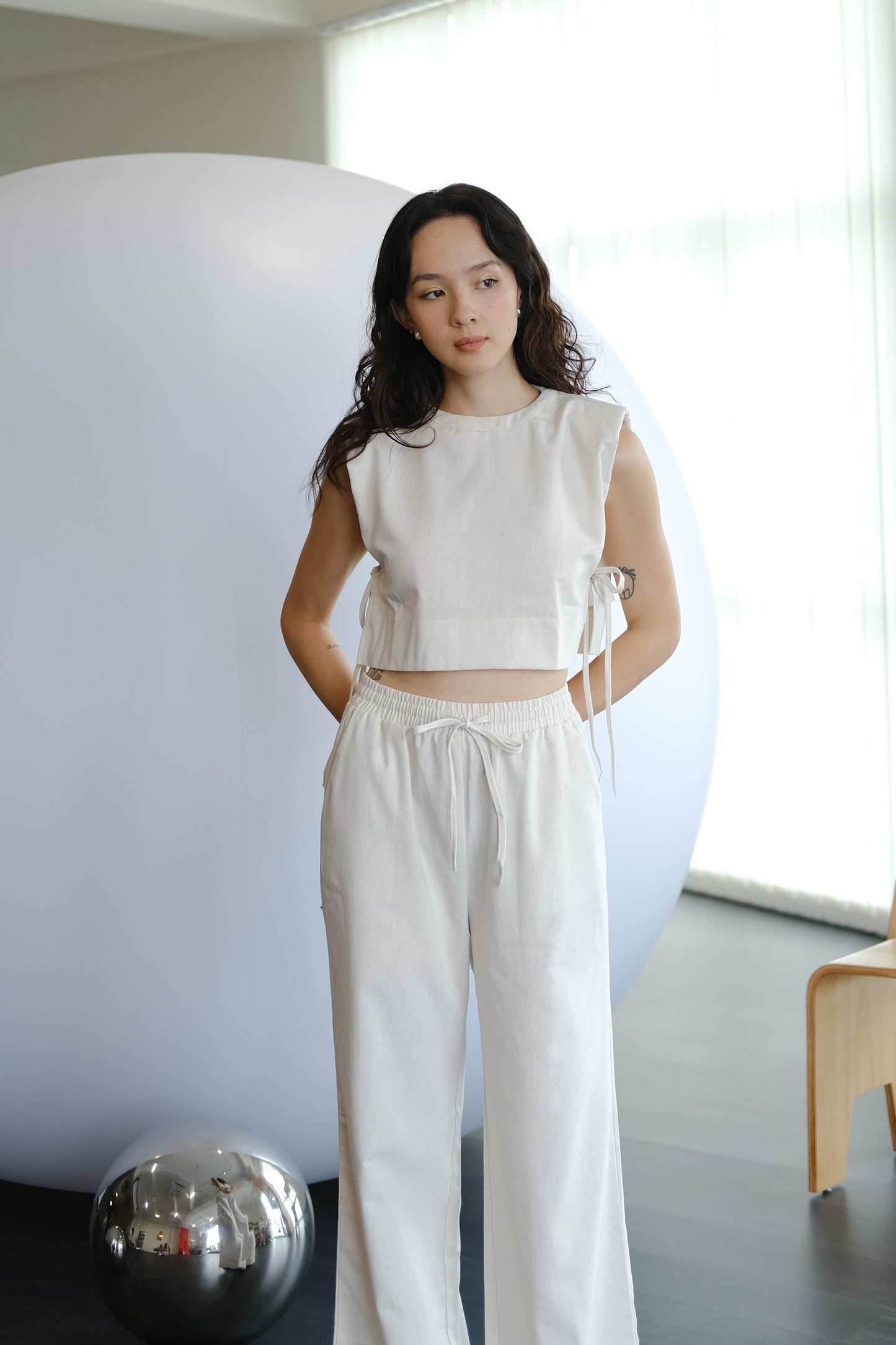 French shoulder-padded sleeveless cotton + Linen pants in cream white suit