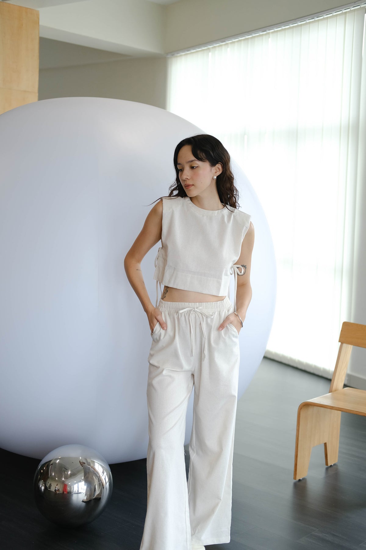 French Shoulder-padded Sleeveless Cotton + Linen Pants in Cream White Suit