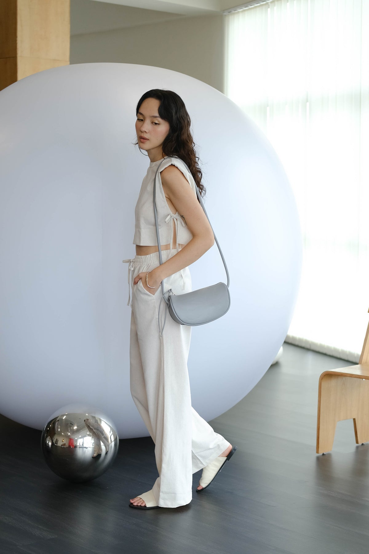French Shoulder-padded Sleeveless Cotton + Linen Pants in Cream White Suit