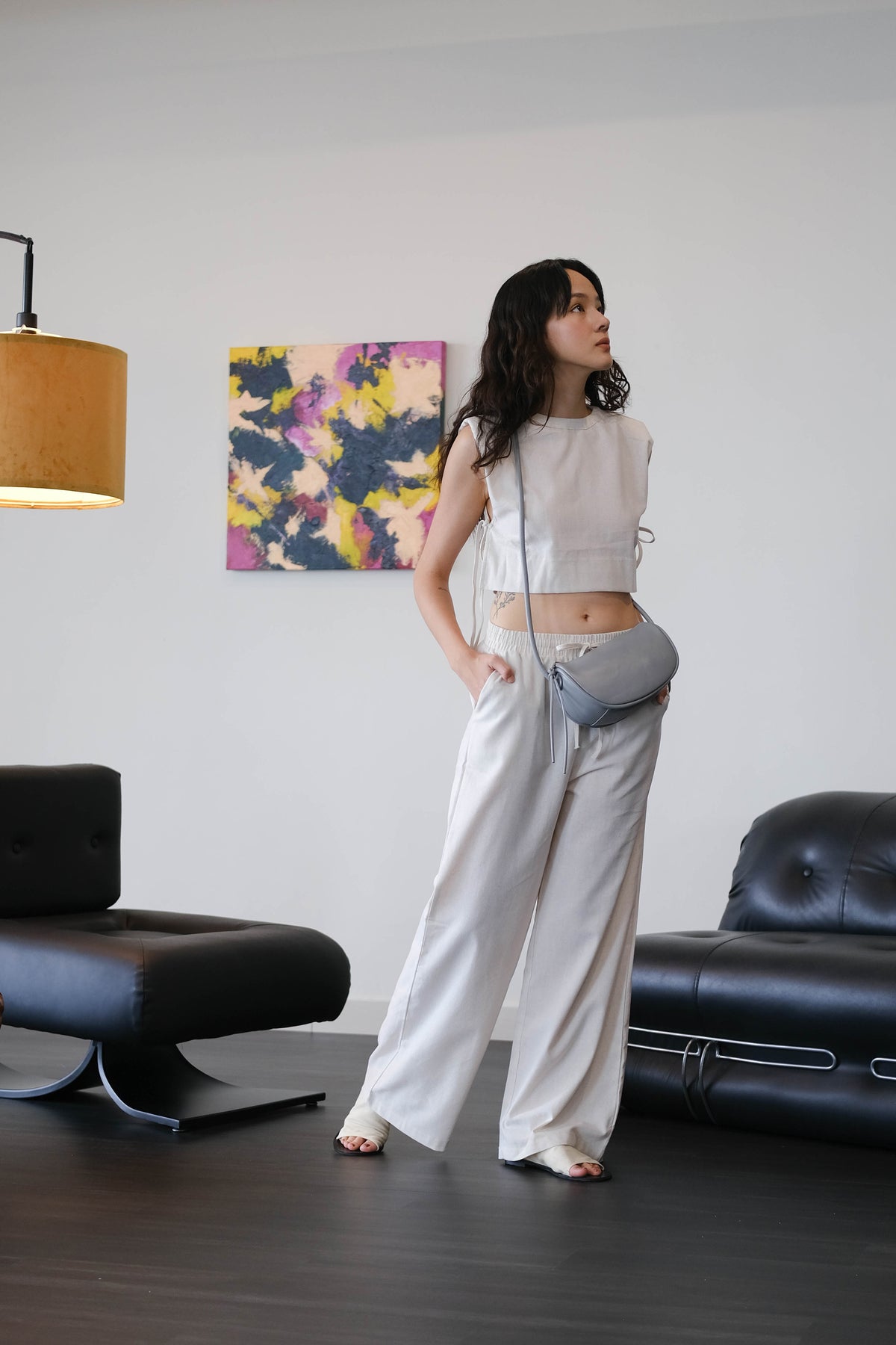 French Shoulder-padded Sleeveless Cotton + Linen Pants in Cream White Suit