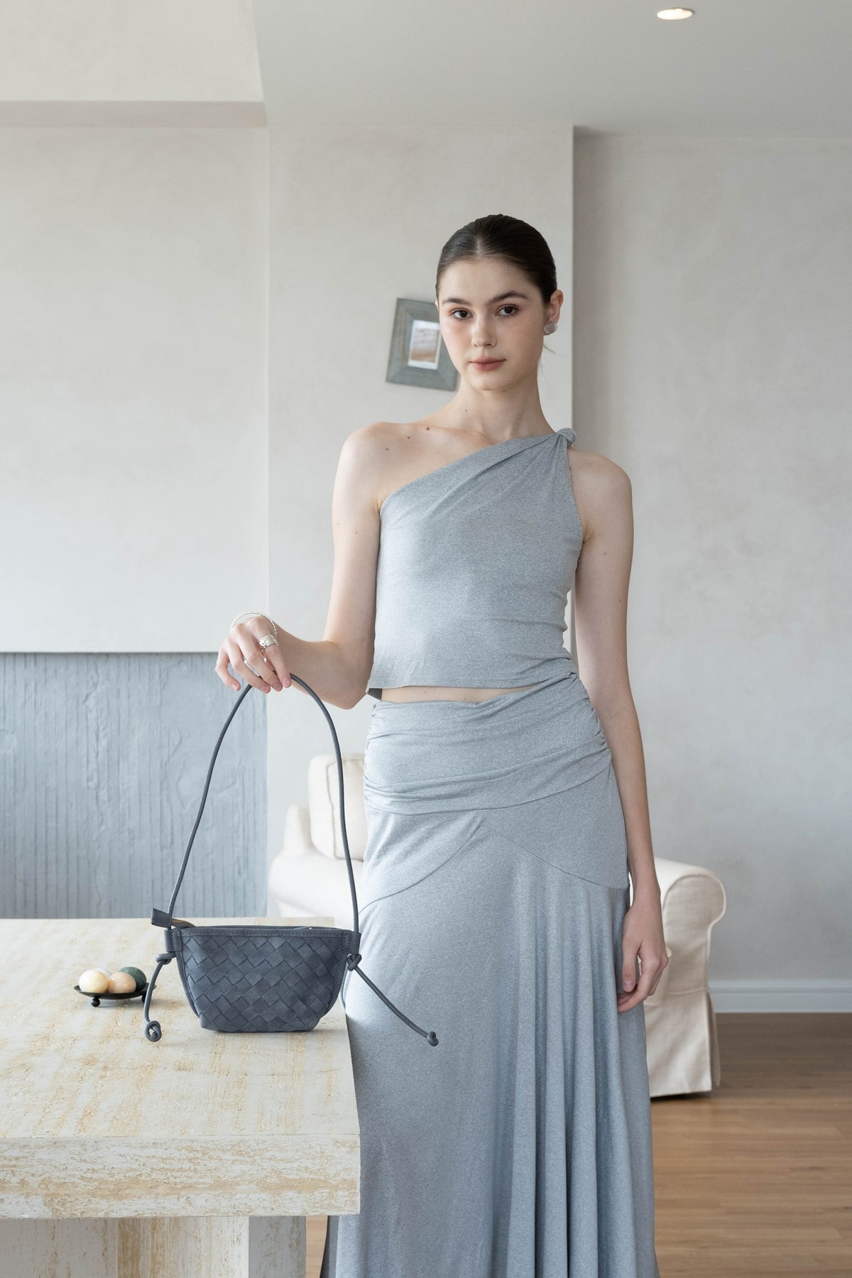 Soft Curve One-Shoulder Crop & Skirt Set - Grey