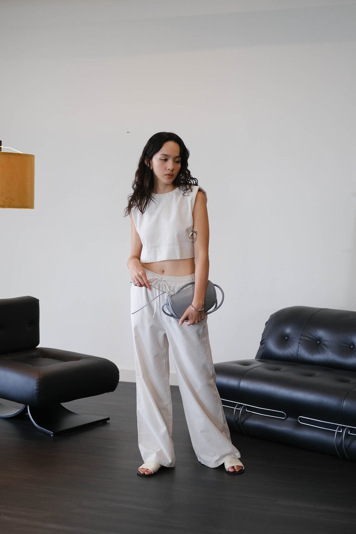 French Shoulder-padded Sleeveless Cotton + Linen Pants in Cream White Suit