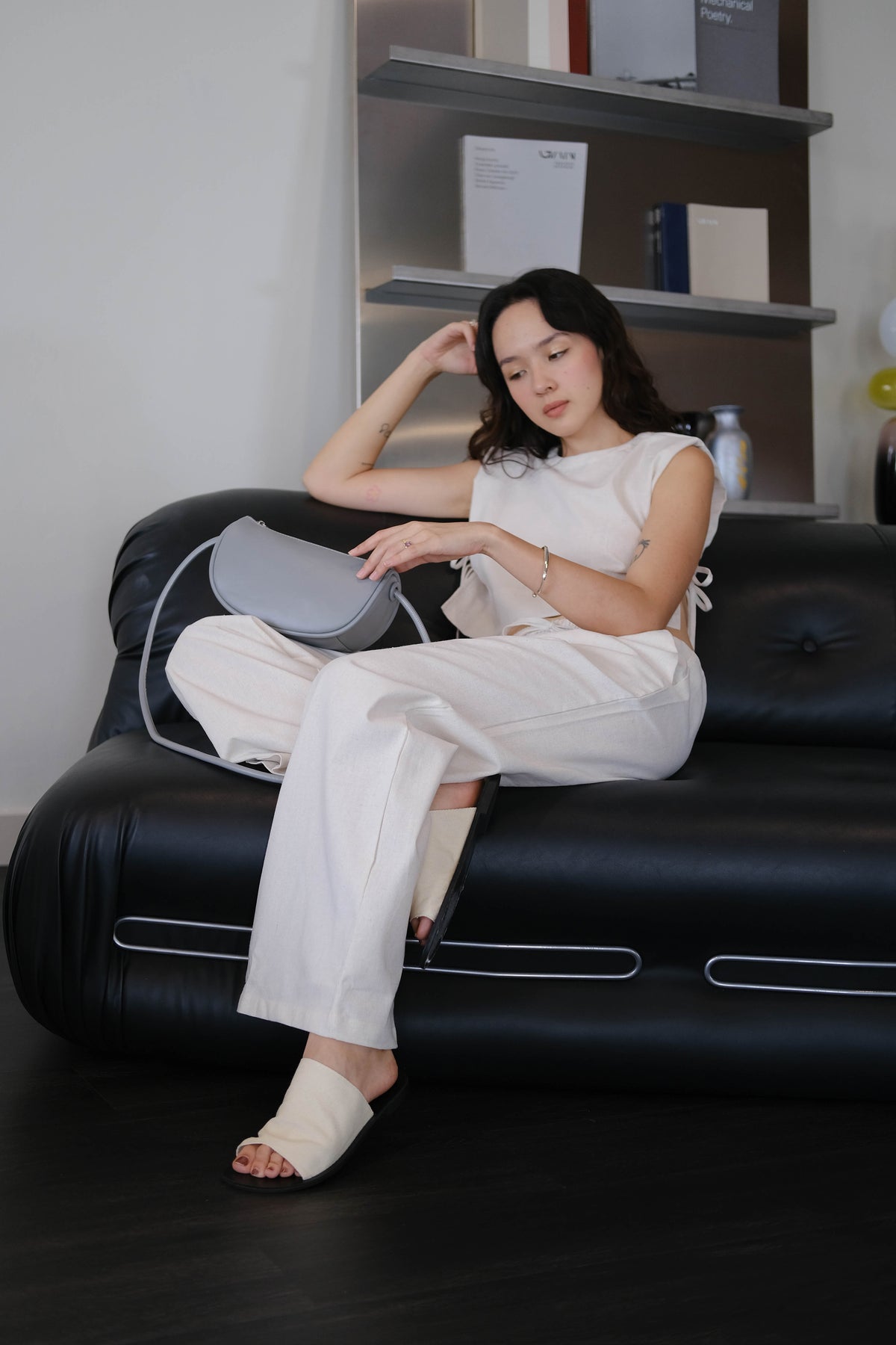 French Shoulder-padded Sleeveless Cotton + Linen Pants in Cream White Suit