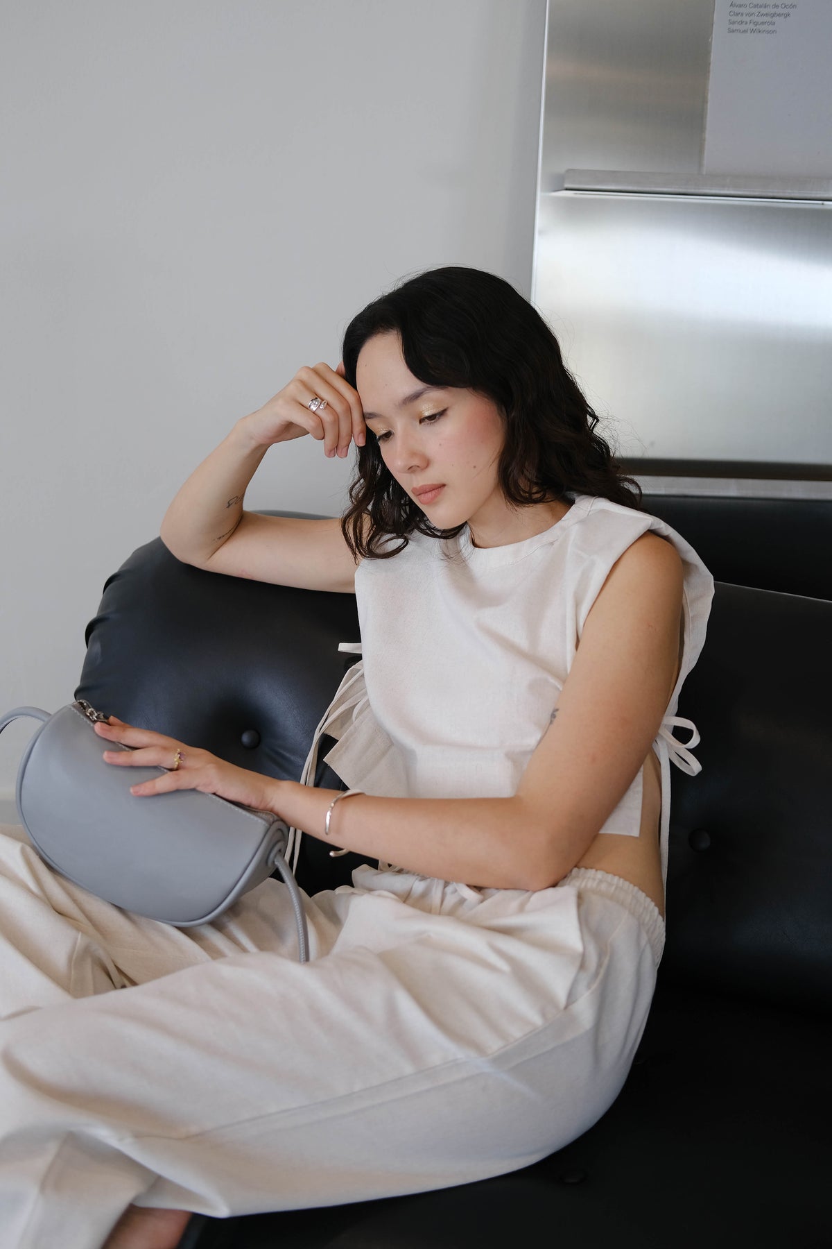 French Shoulder-padded Sleeveless Cotton + Linen Pants in Cream White Suit