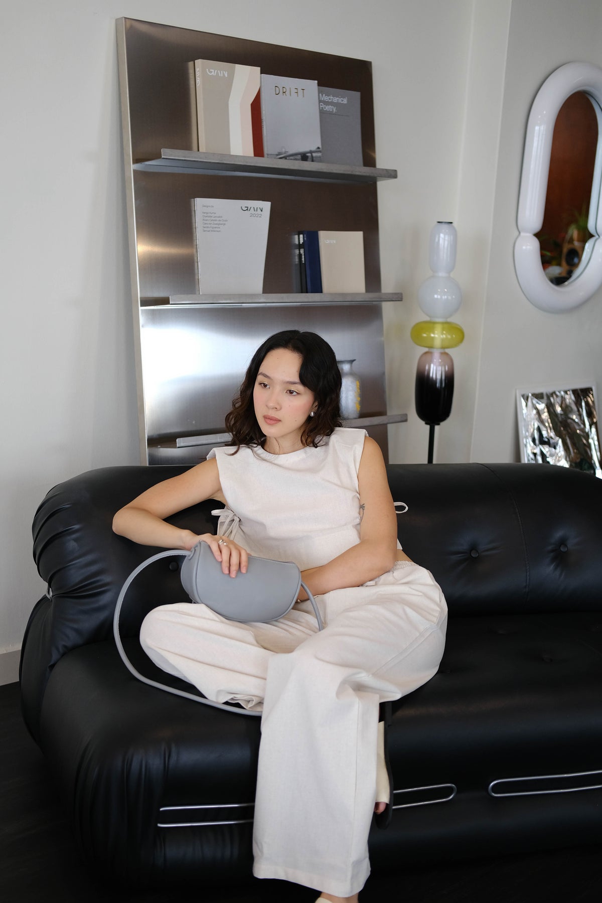 French Shoulder-padded Sleeveless Cotton + Linen Pants in Cream White Suit