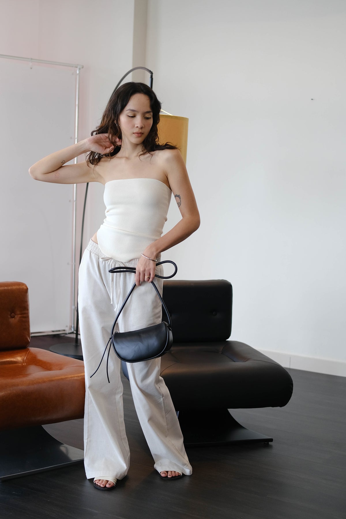 French Shoulder-padded Sleeveless Cotton + Linen Pants in Cream White Suit