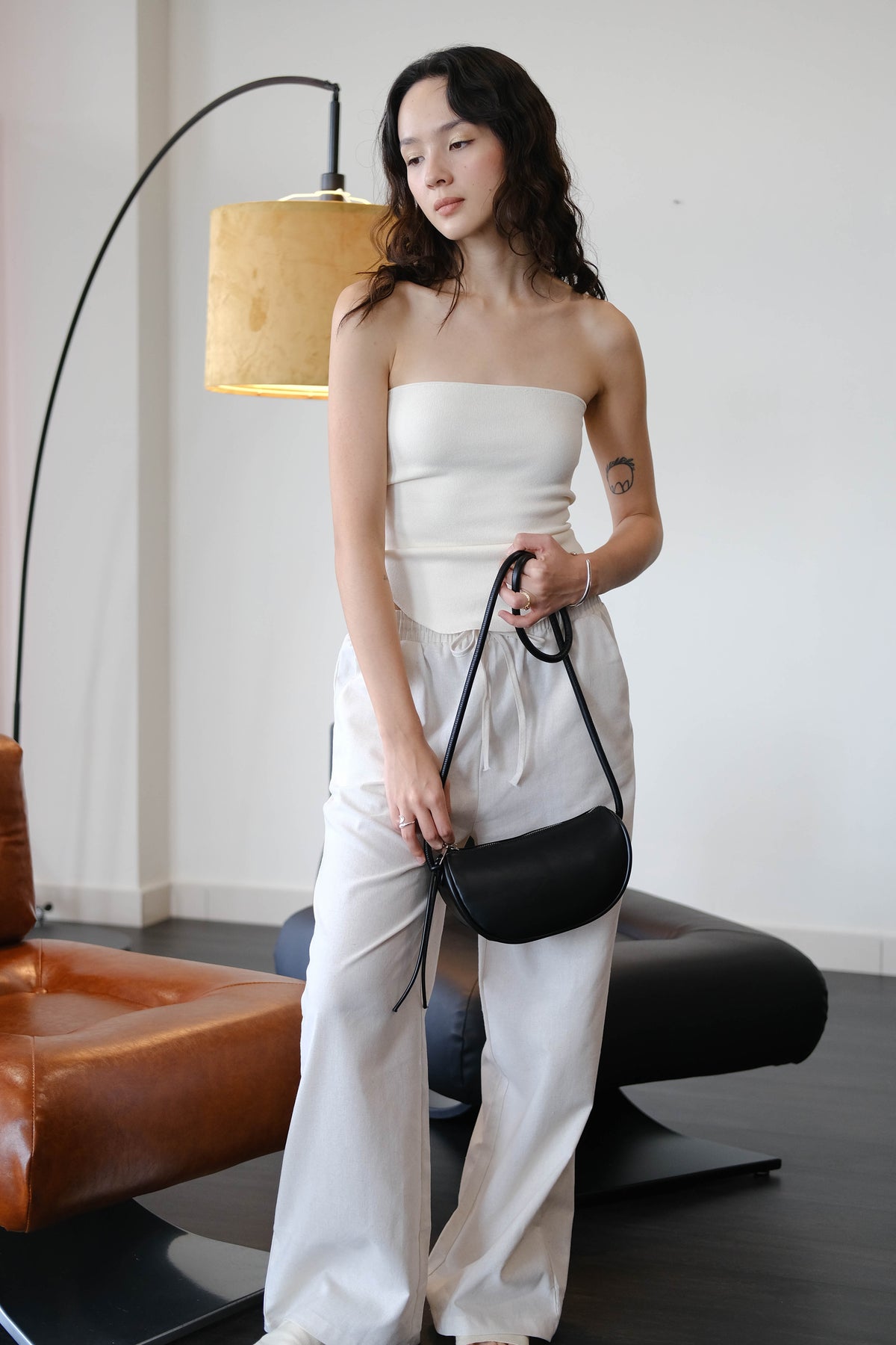 French Shoulder-padded Sleeveless Cotton + Linen Pants in Cream White Suit