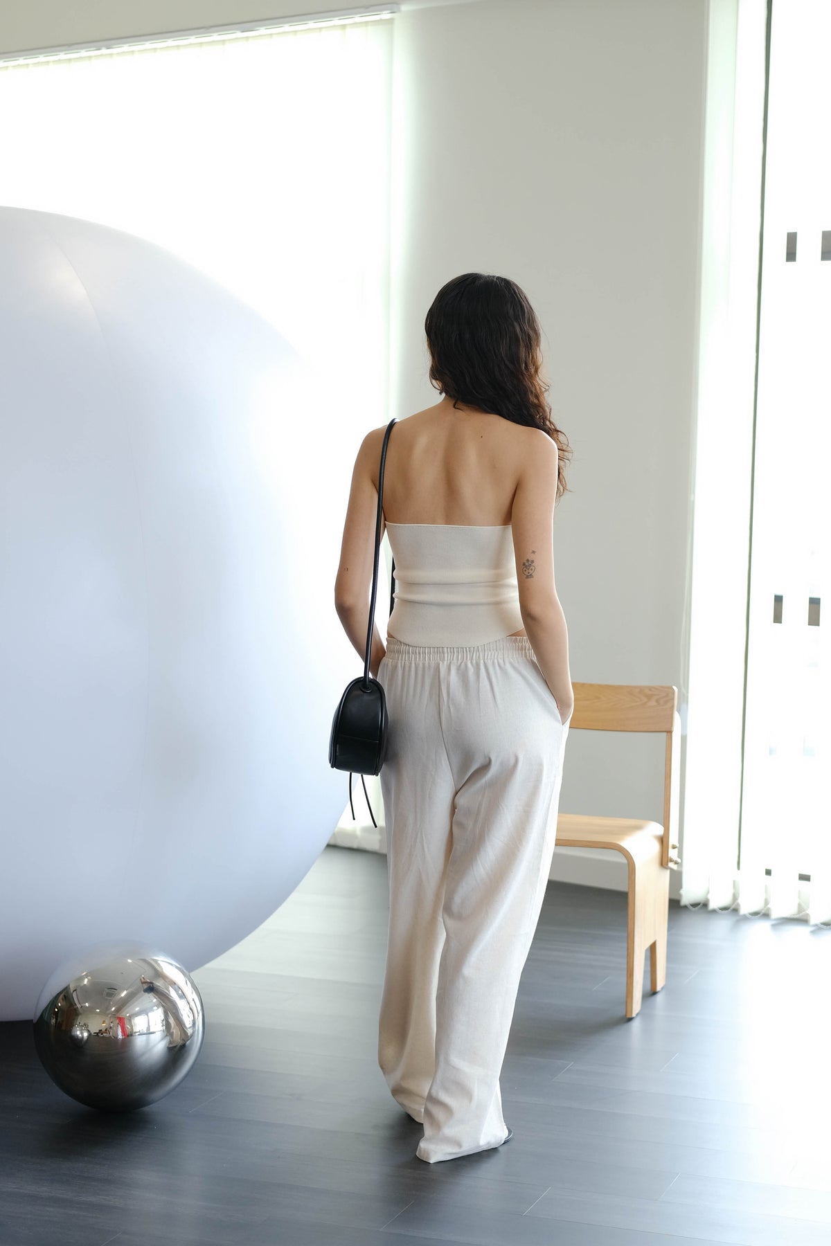 French Shoulder-padded Sleeveless Cotton + Linen Pants in Cream White Suit