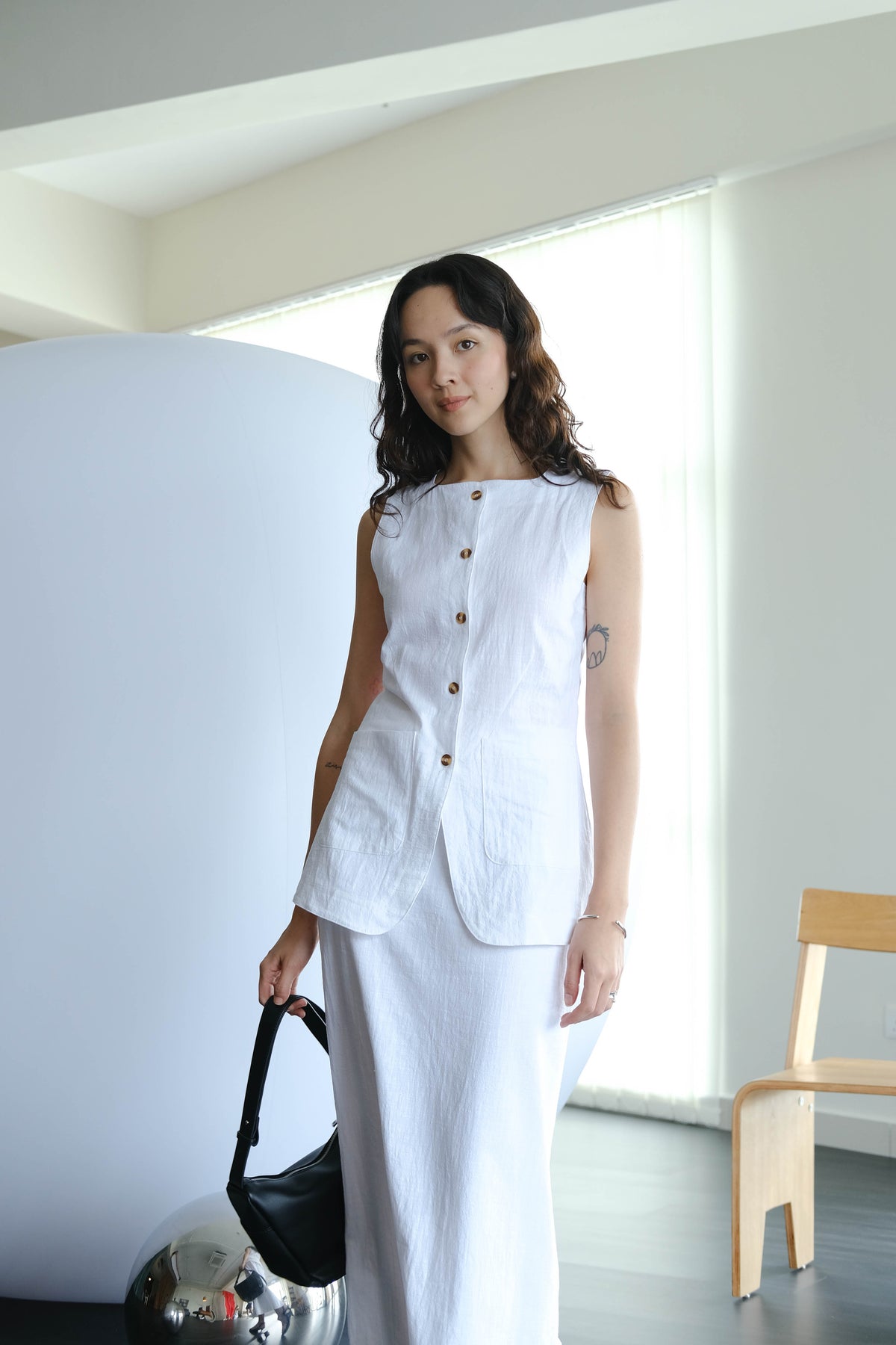 Sleeveless Vest + High Waist Skirt in Snow White Suit