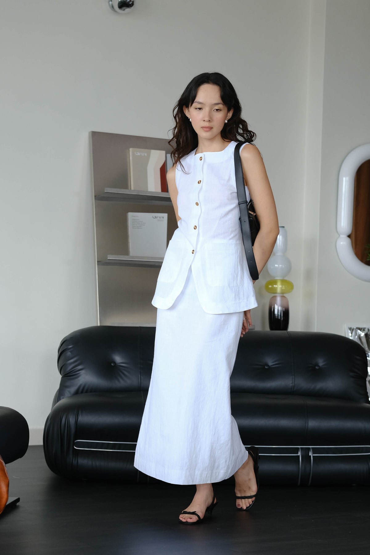 Sleeveless Vest + High Waist Skirt in Snow White Suit