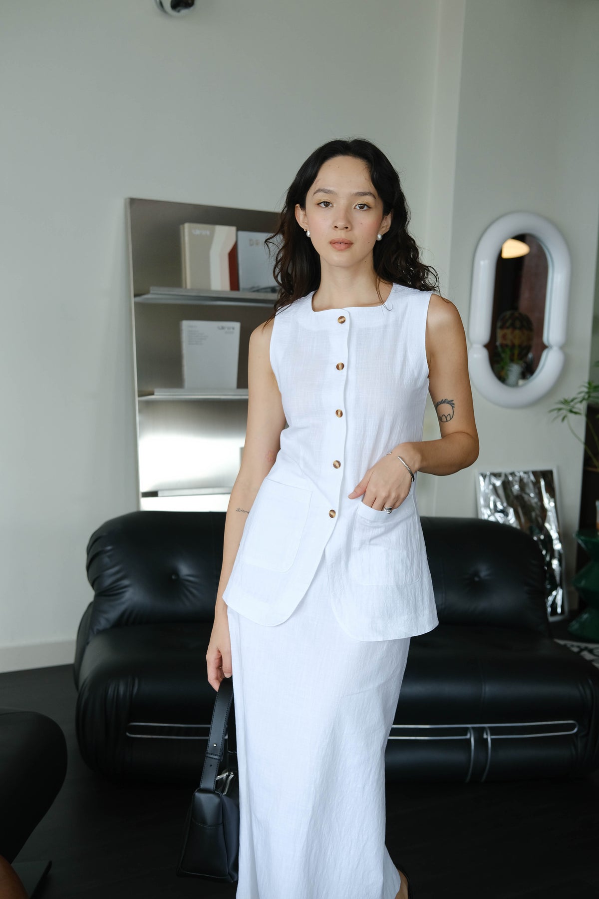 Sleeveless Vest + High Waist Skirt in Snow White Suit