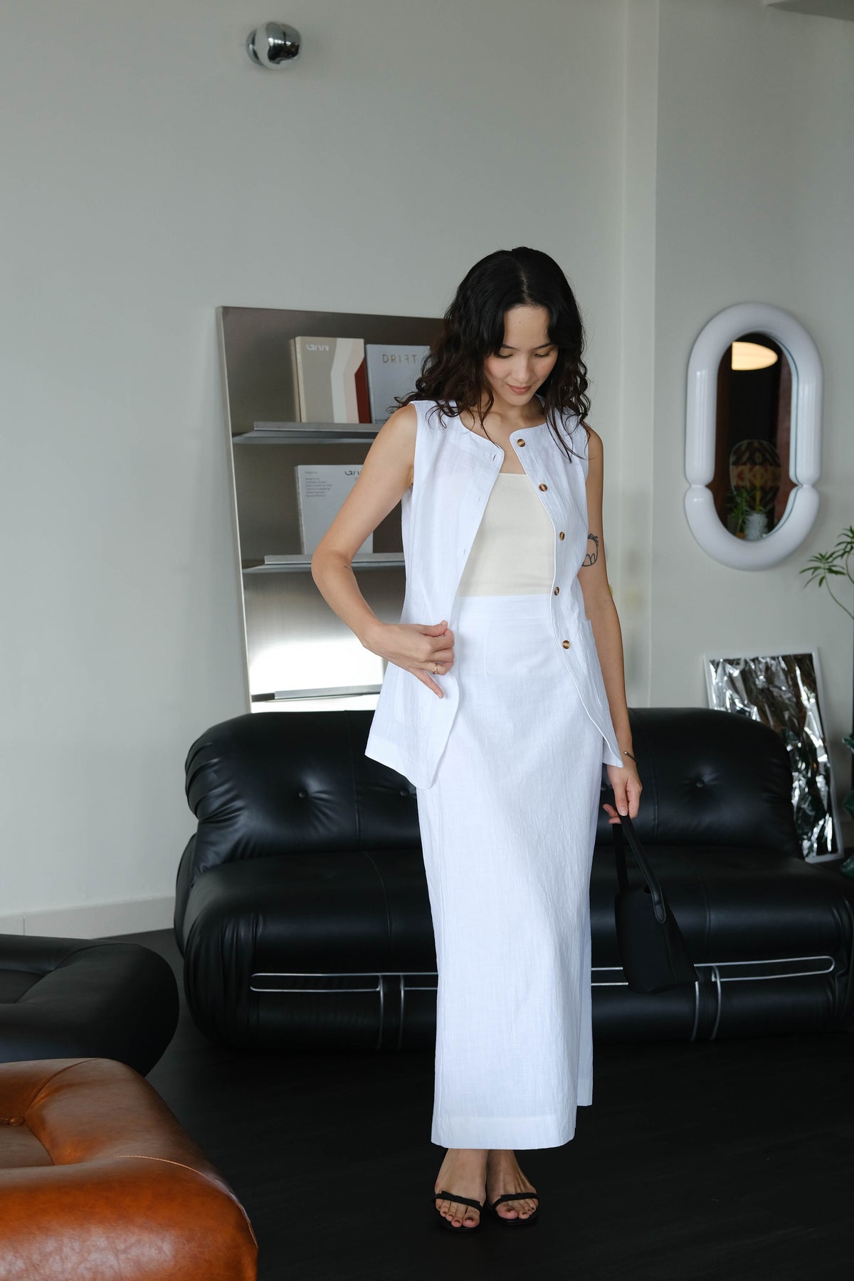 Sleeveless Vest + High Waist Skirt in Snow White Suit